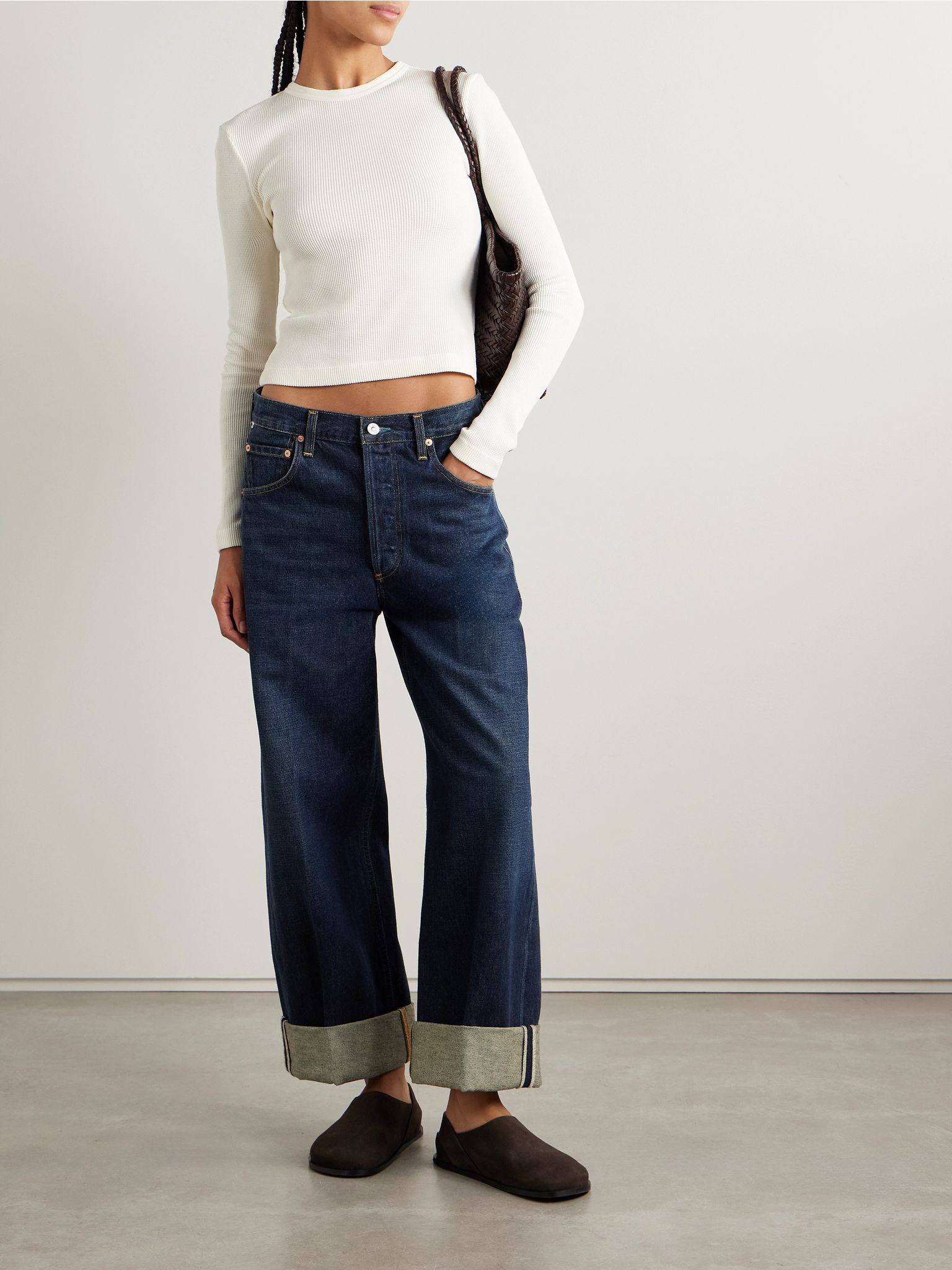 Pilar cropped waffle-knit cotton T-shirt Off-white - 2