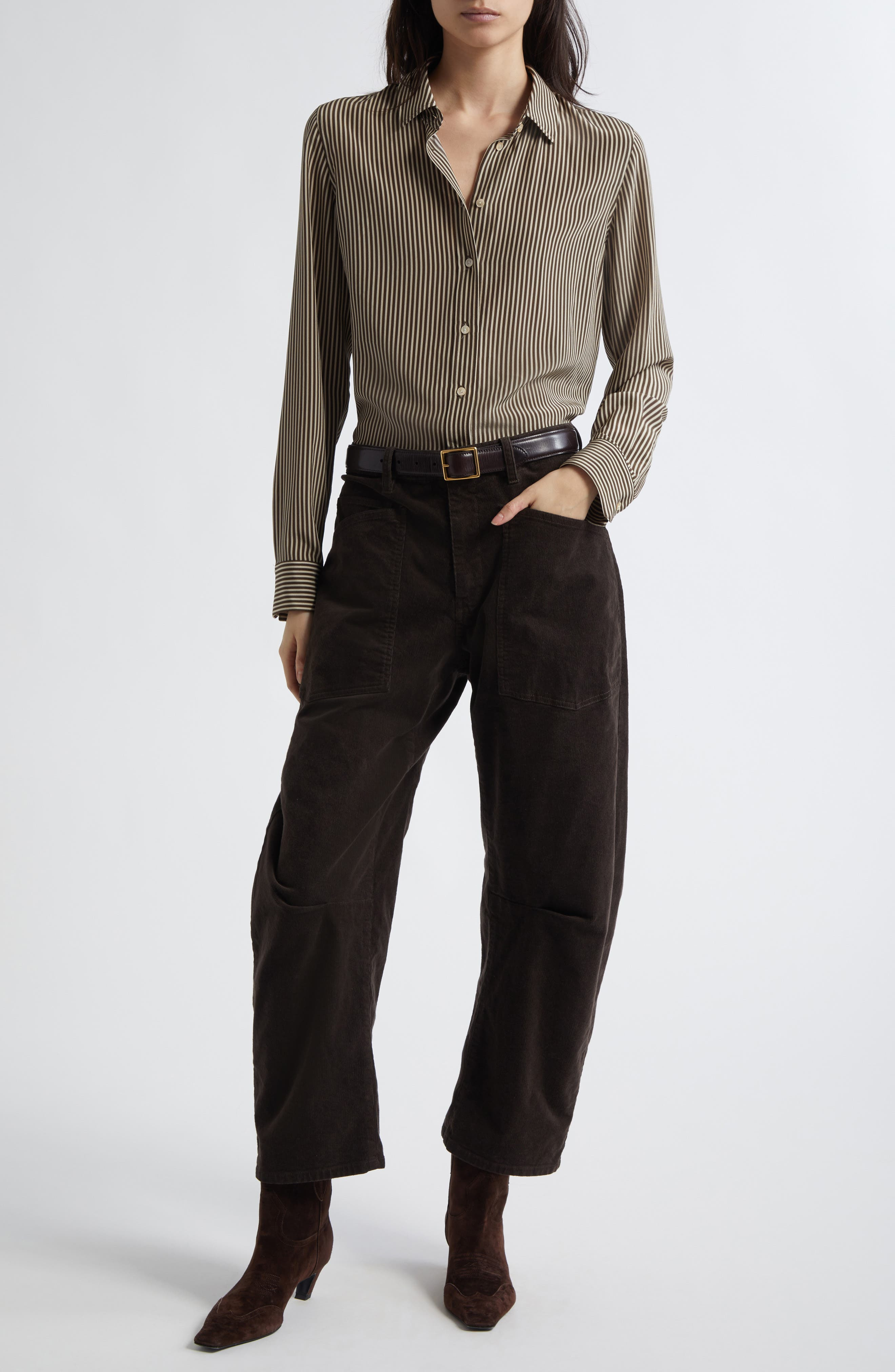 Nili Lotan Gaia Slim Fit Silk Shirt in Chocolate Stripes at Nordstrom - 7