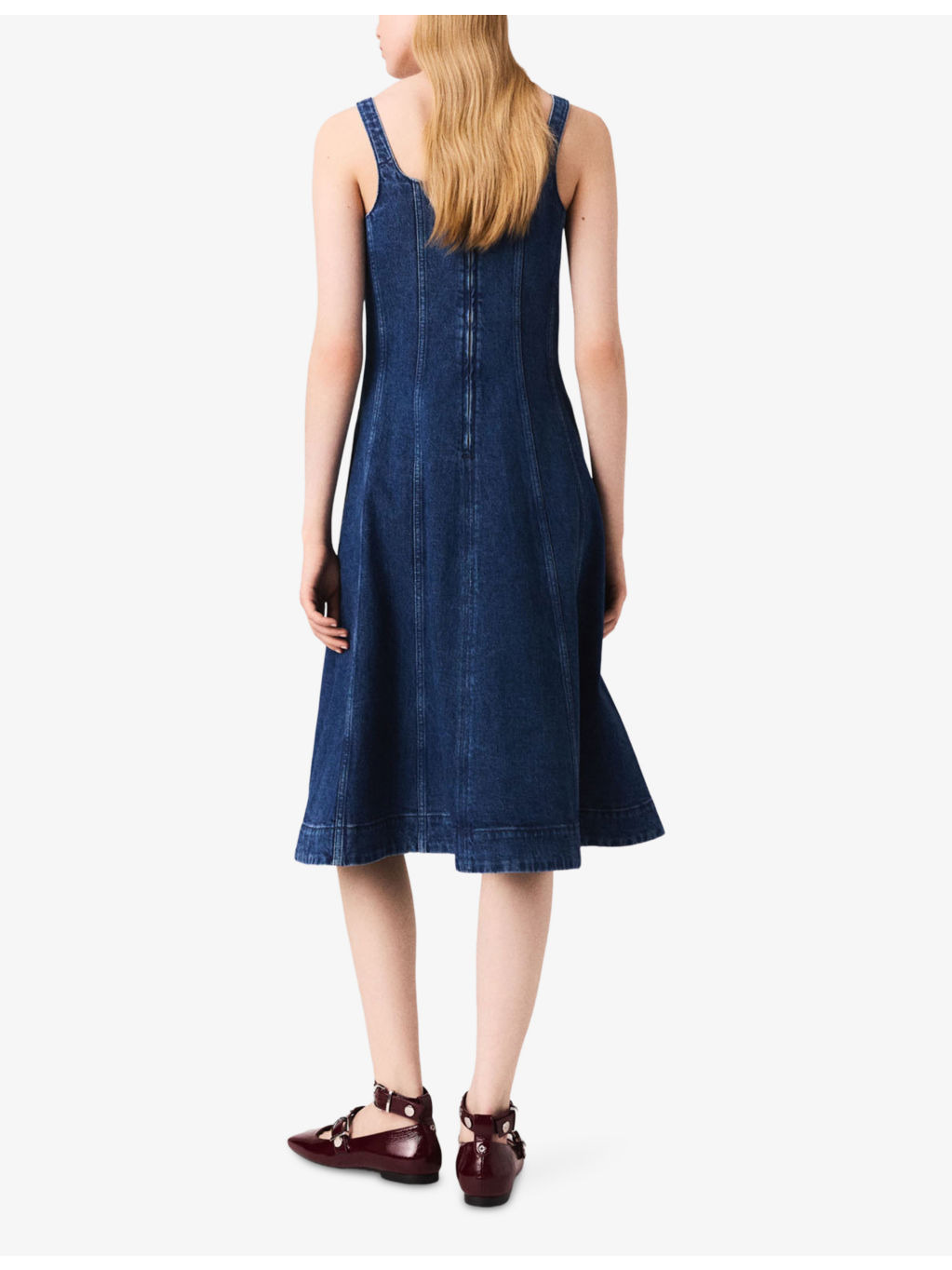 Round-Neck Flared-Skirt Sleeveless Stretch-Denim Midi Dress - 5