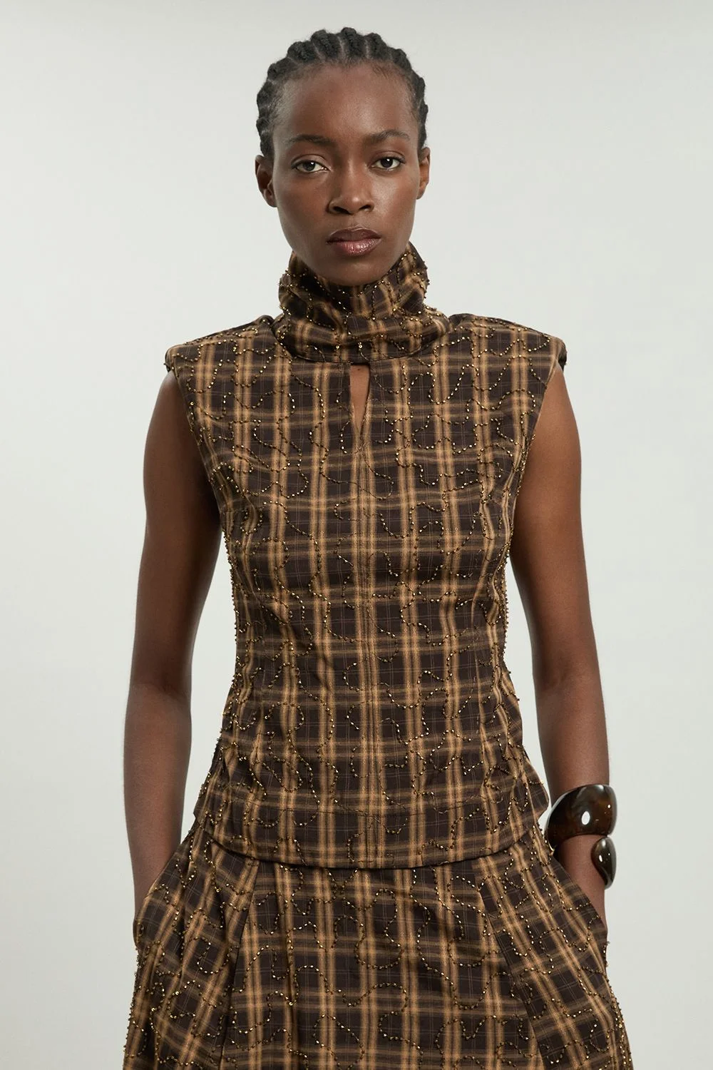 Beaded Check Print High Neck Top - 1