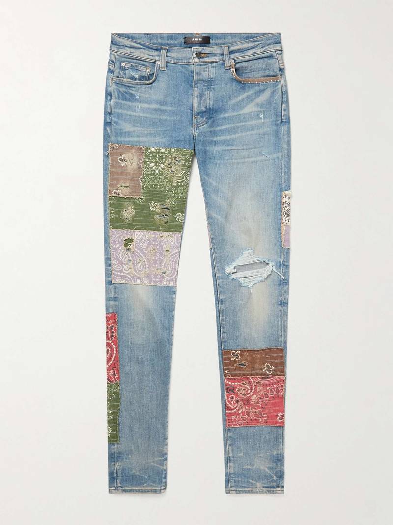 Skinny-Fit Cotton-Appliquéd Distressed Jeans 1