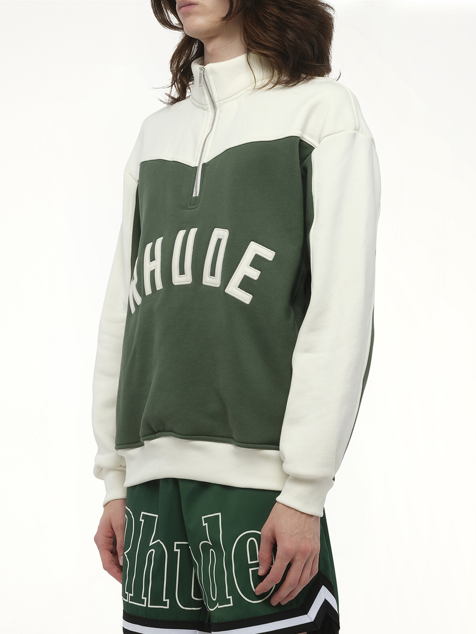 Rhude Monaco Half-Zip Sweatshirt in Hunter Green/Cream - 5