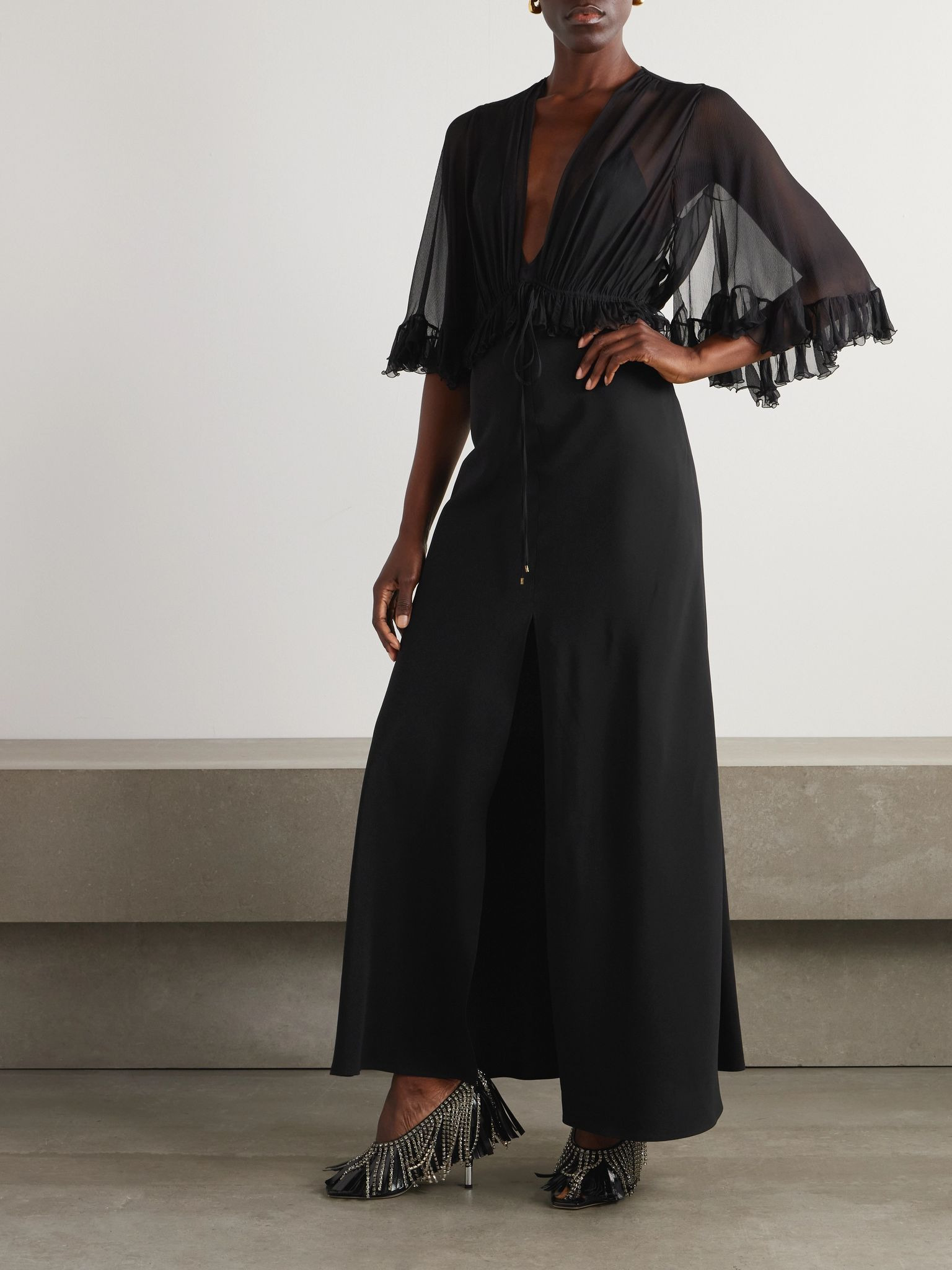 Ruffled silk-crepon and crepe maxi dress Black - 2