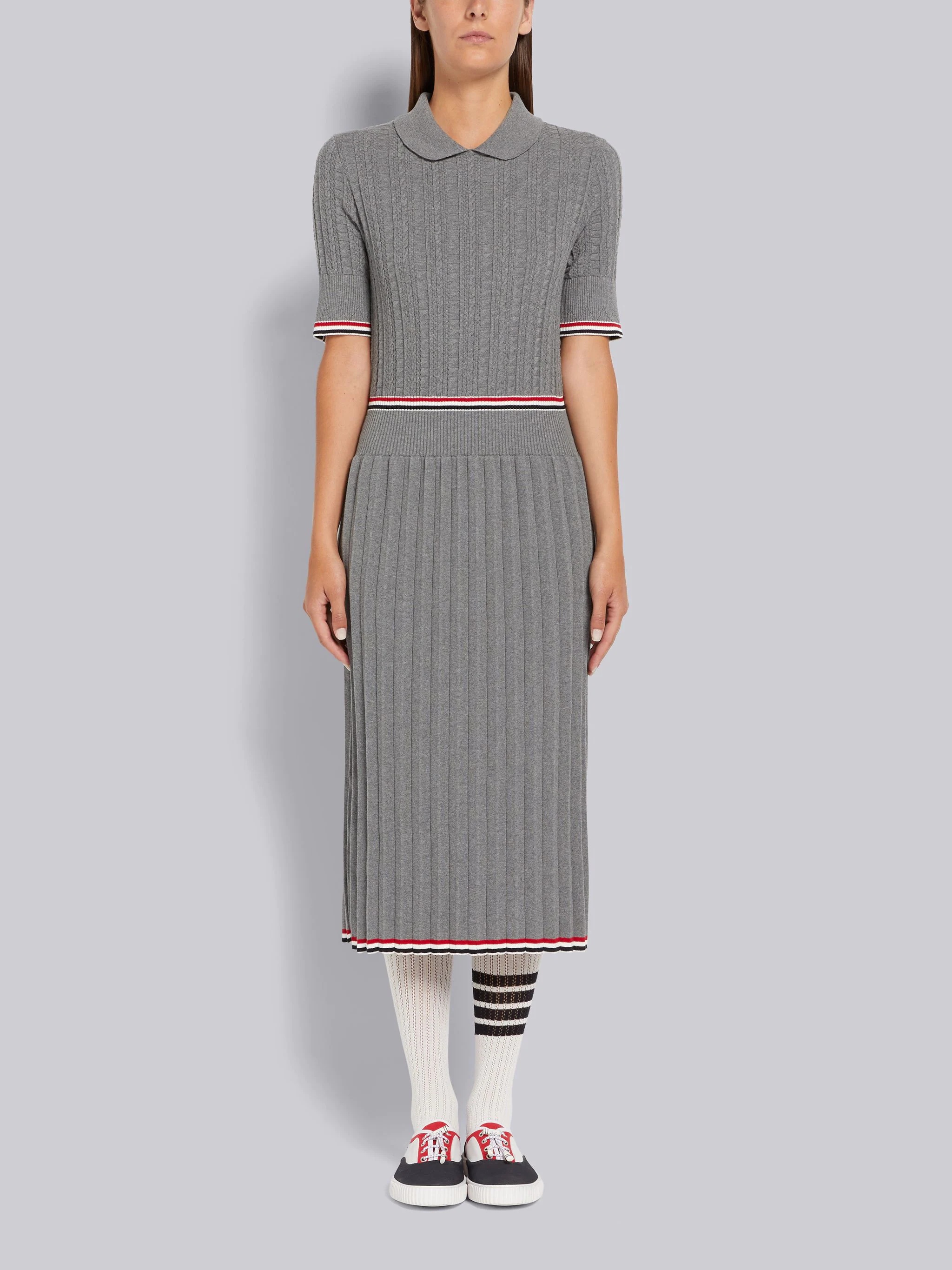 Light Grey Cable Texture Overtwisted Cotton Stripe Framing and Waistband Pleated Below the Knee Polo - 1
