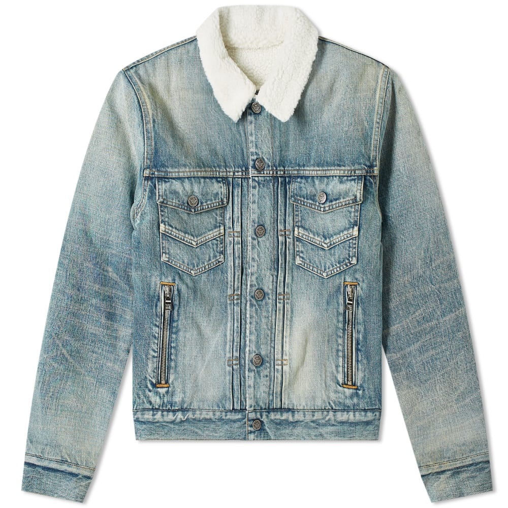 Balmain Faux Shearling Logo Denim Jacket - 1