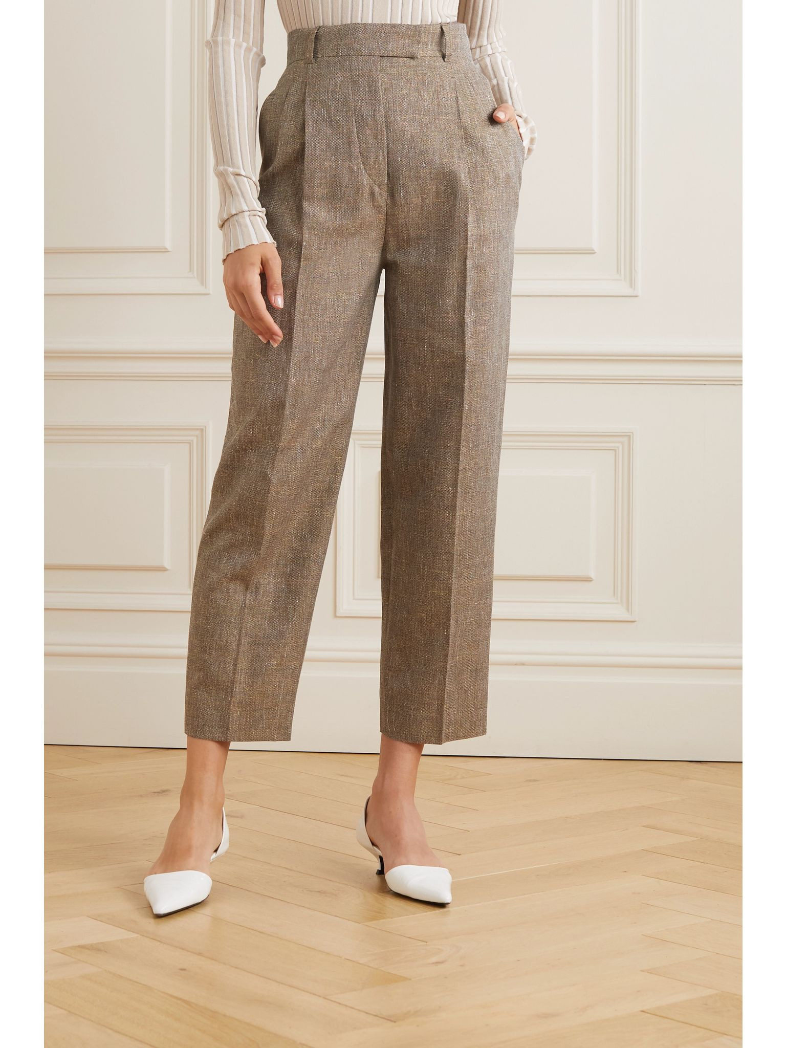 Wybie cropped pleated linen-blend wide-leg pants Brown - 3
