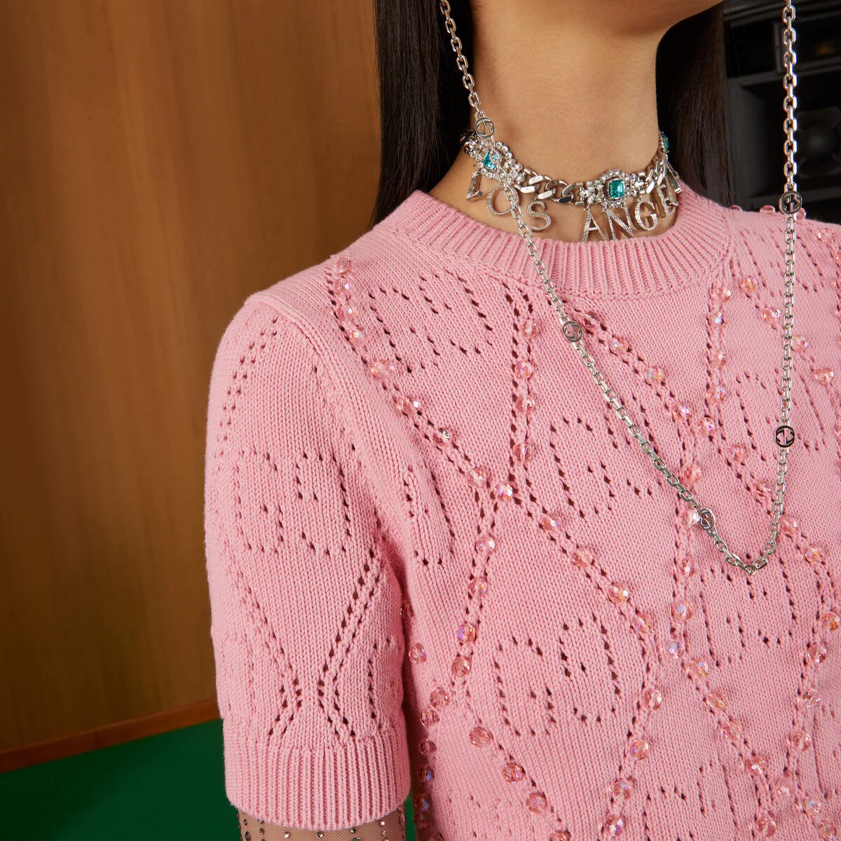 GG cotton knit T-shirt with beads - 4