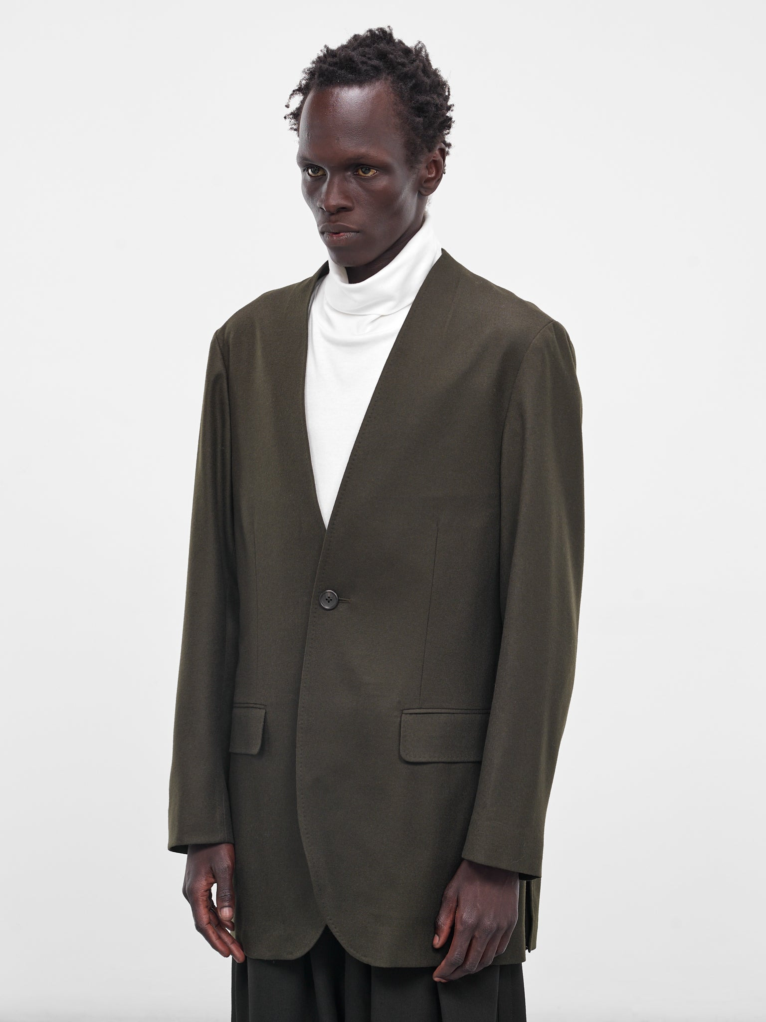 Dark Olive Lapelless Wool Blazer - 2