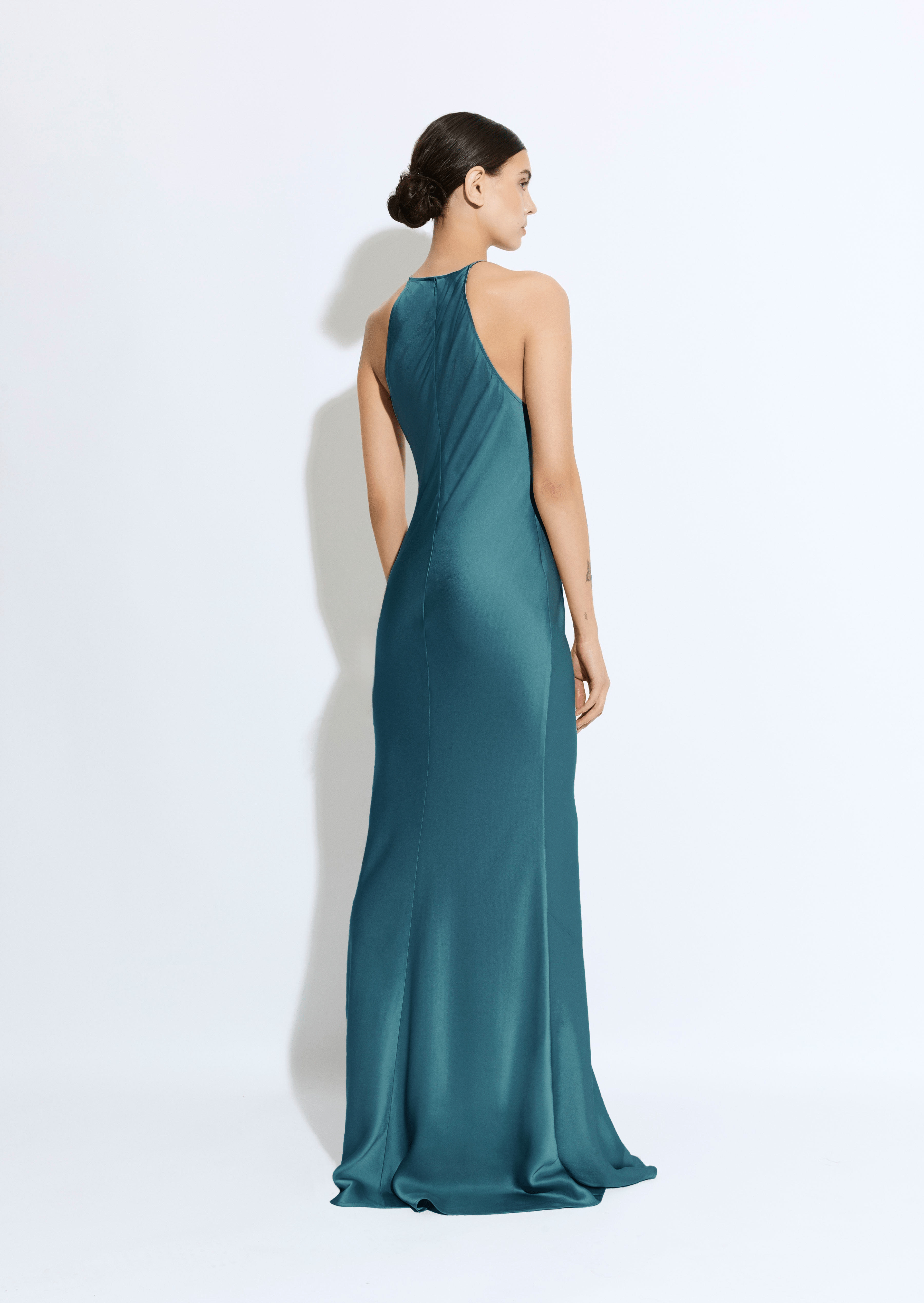 Satin Halter Gown With Feathers - 3