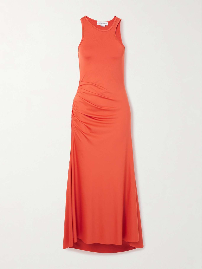Asymmetric ruched satin-jersey midi dress Papaya - 1