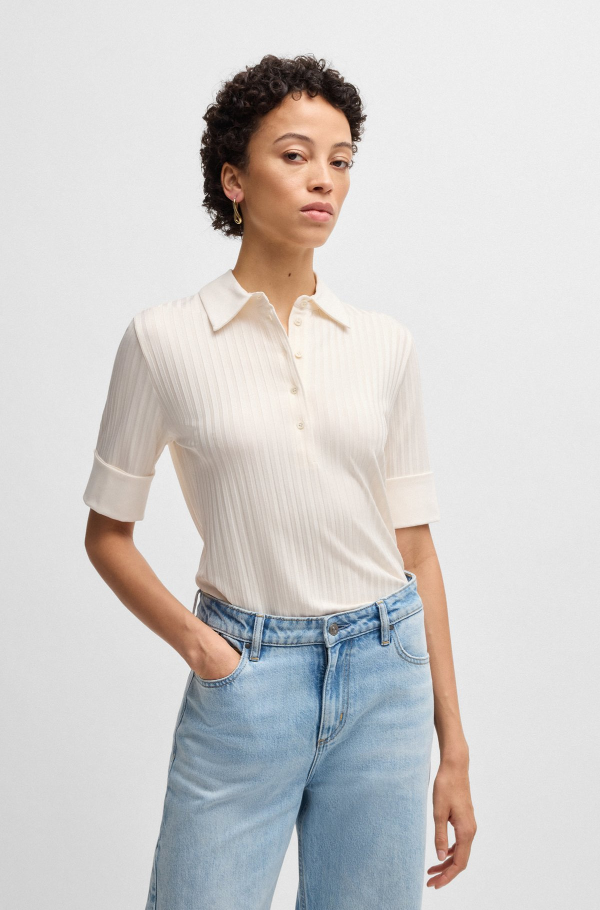 RIBBED POLO-COLLAR T-SHIRT WITH PLAIN TRIMS - 2