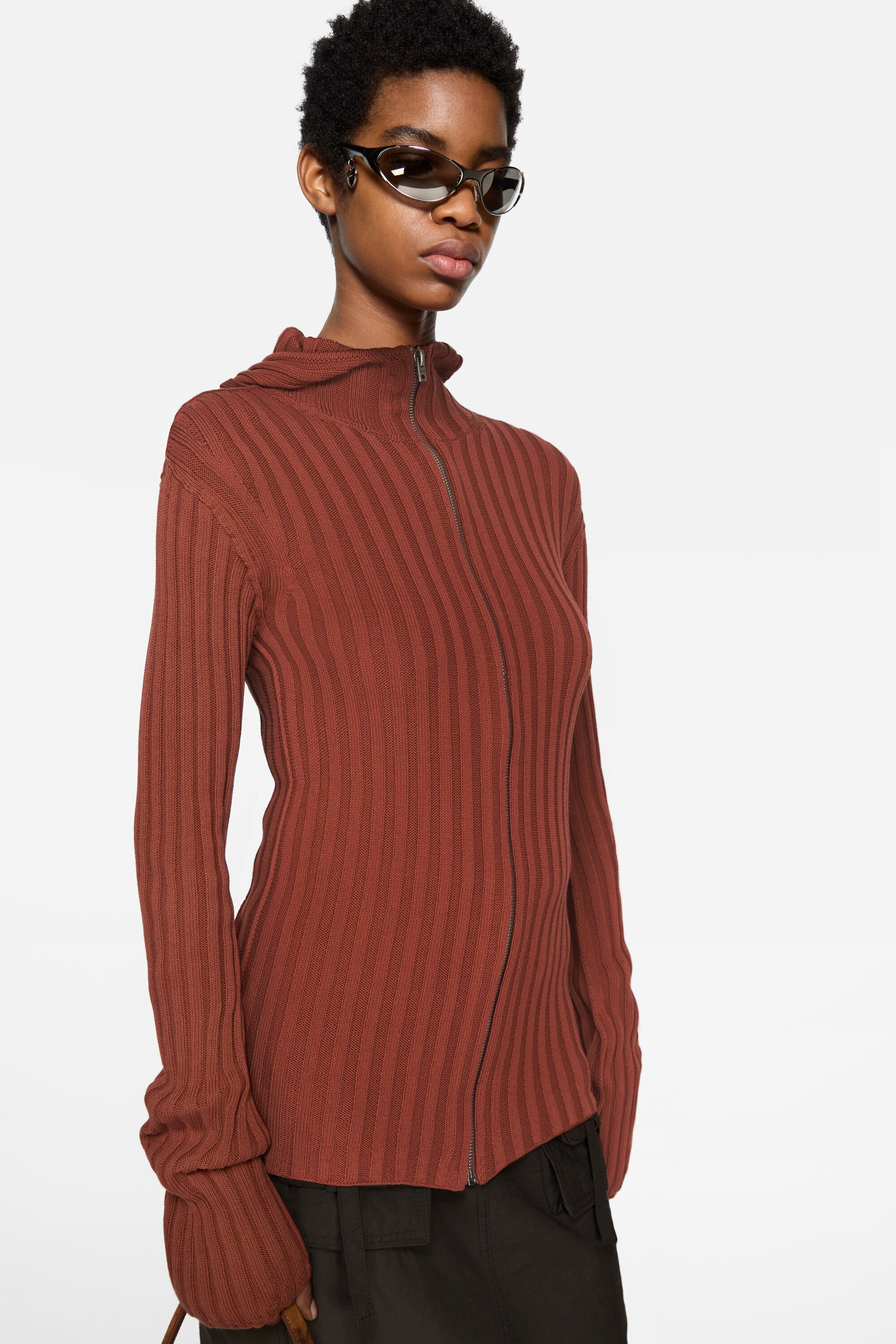Zip-up hooded cardigan - Terracotta red - 4
