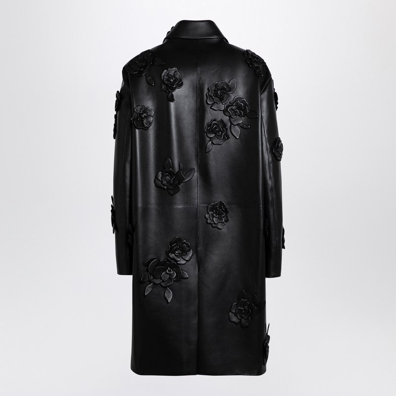 Valentino Black Leather Coat With Embroidery Women - 2