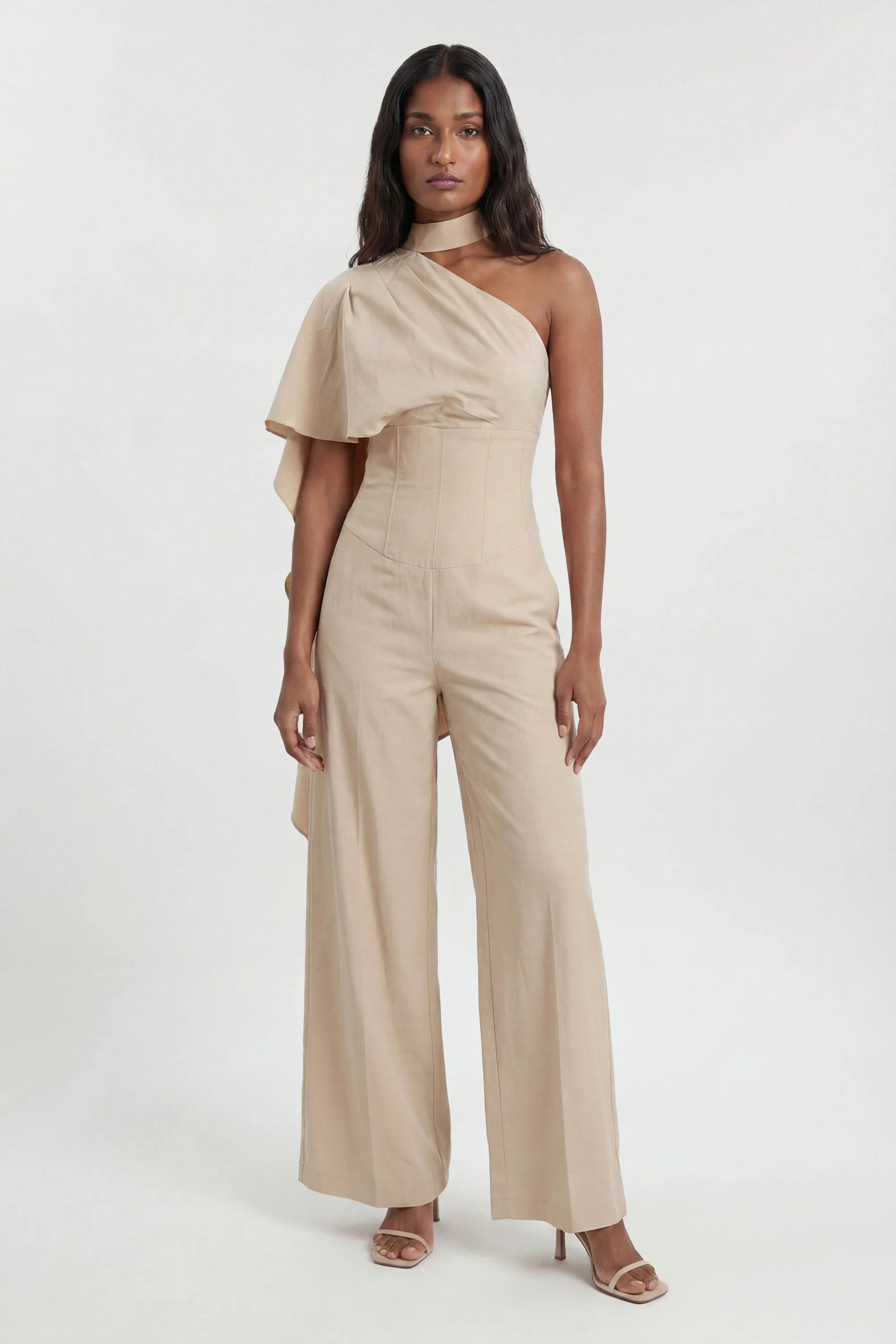 Premium Tailored Linen High Neck One Shoulder Wide Leg Jumpsuit - 1