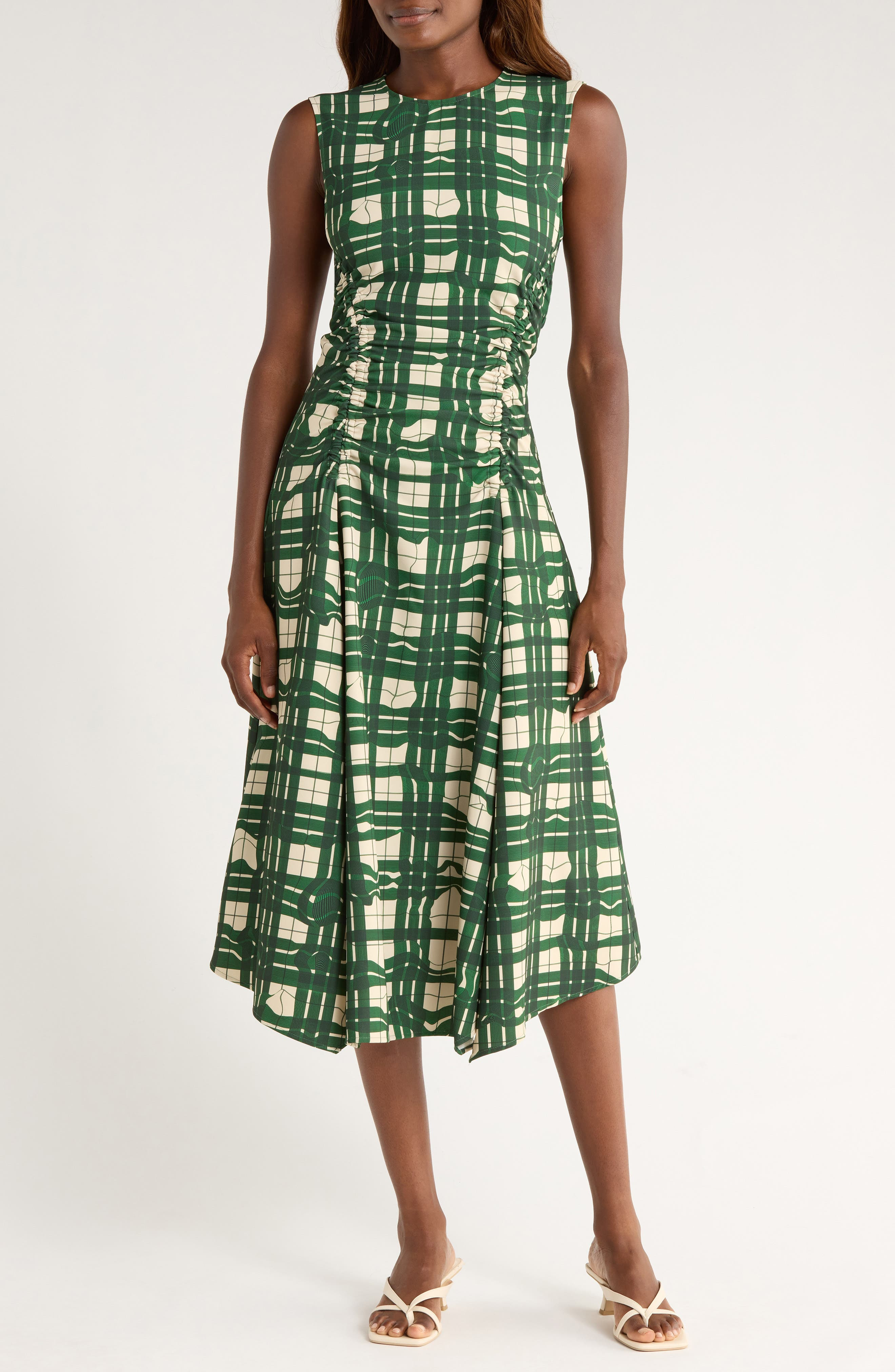 Stine Goya Check Ruched Sleeveless Midi Dress in Checkered Wave at Nordstrom - 1