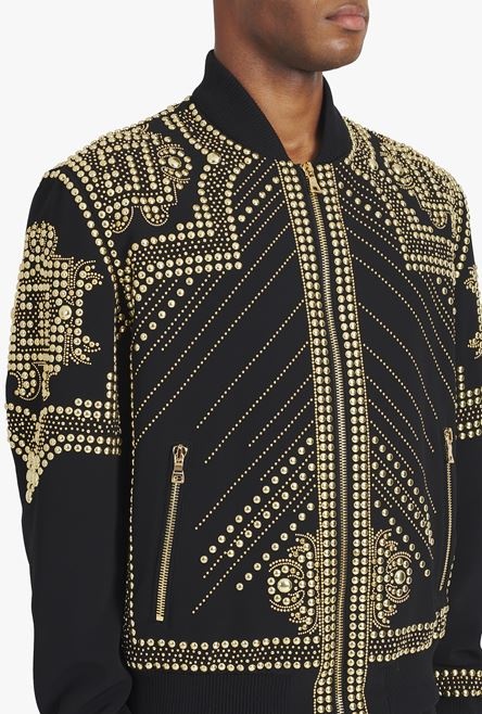 Black nylon bomber jacket with embroidered gold-tone studs - 8