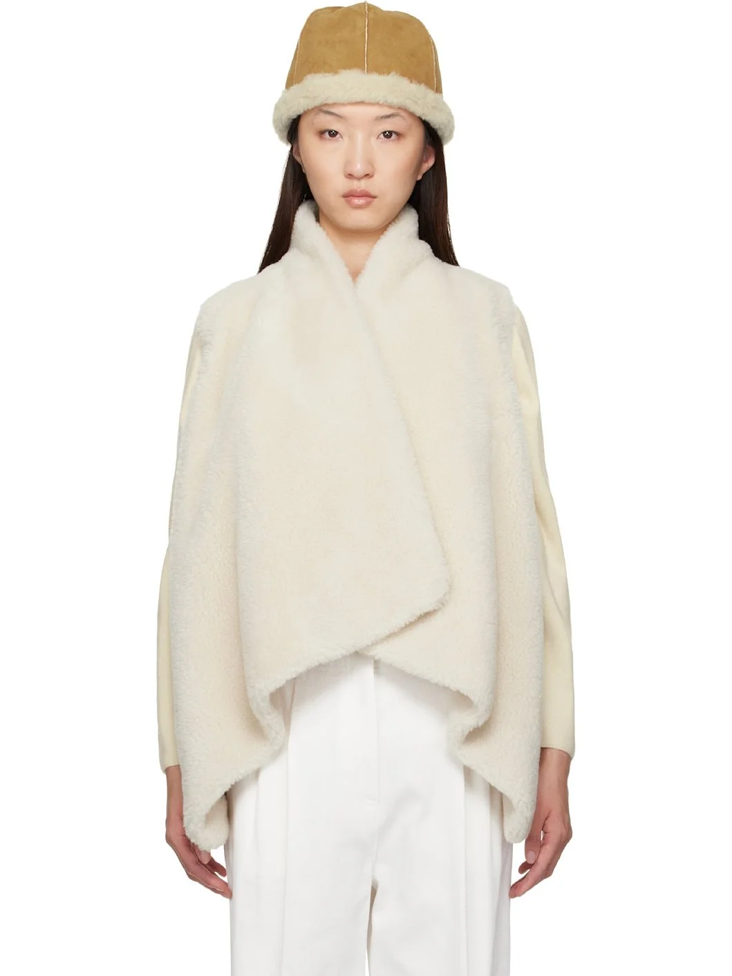 Beige Shawl Collar Faux-Shearling Vest - 1