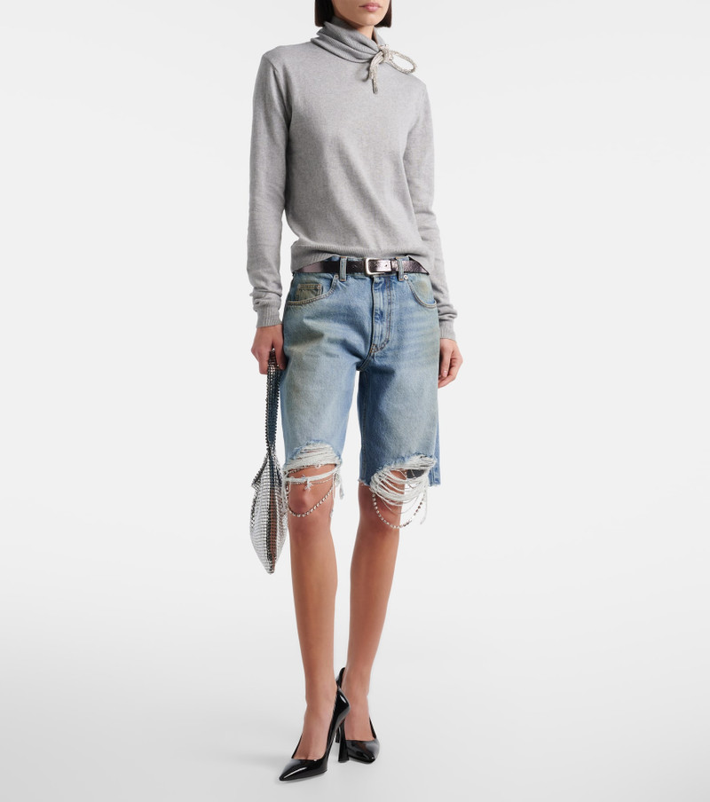 AREA Distressed embellished denim shorts outlook