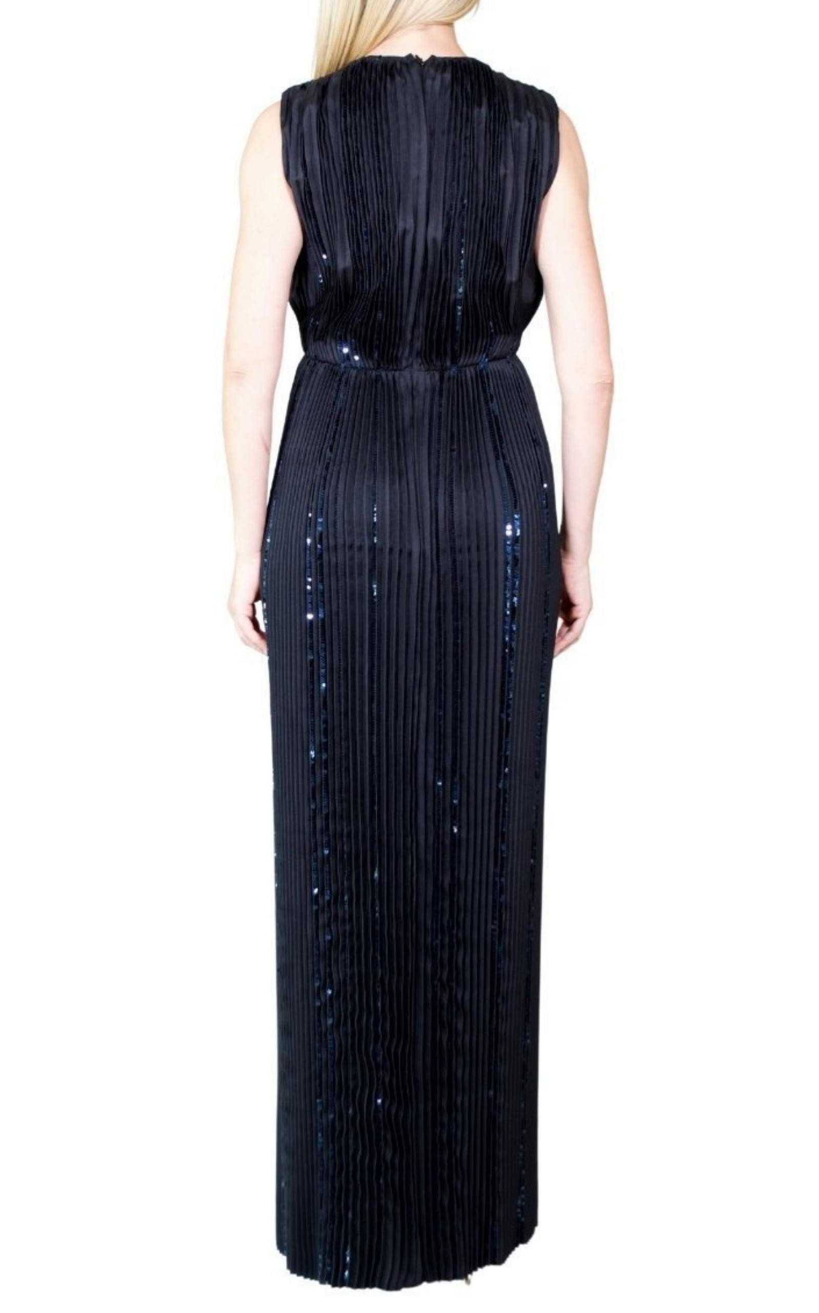 Black Pleated Sequin Embellished Maxi Silk Gown - 3