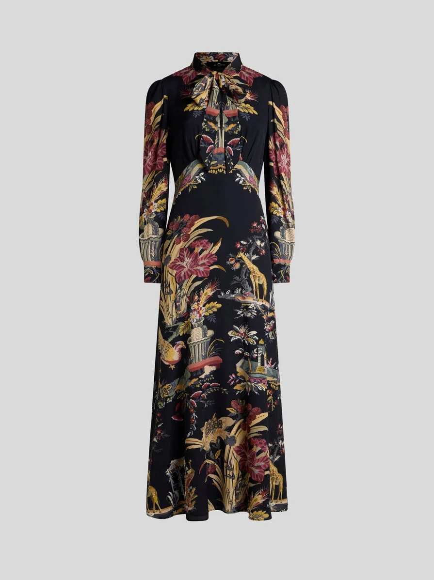 LONG DRESS WITH SILK SCARF AND PLACED FLOWER AND ANIMAL PRINT - 1