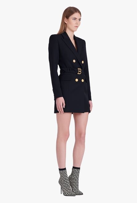 Black wool double-buttoned dress with Balmain buckle - 5