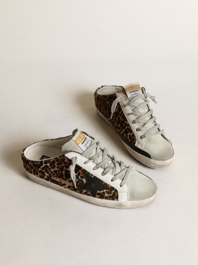 Golden Goose Super-Star Sabots in leopard-print pony skin with black leather star and ice-gray suede tongue outlook