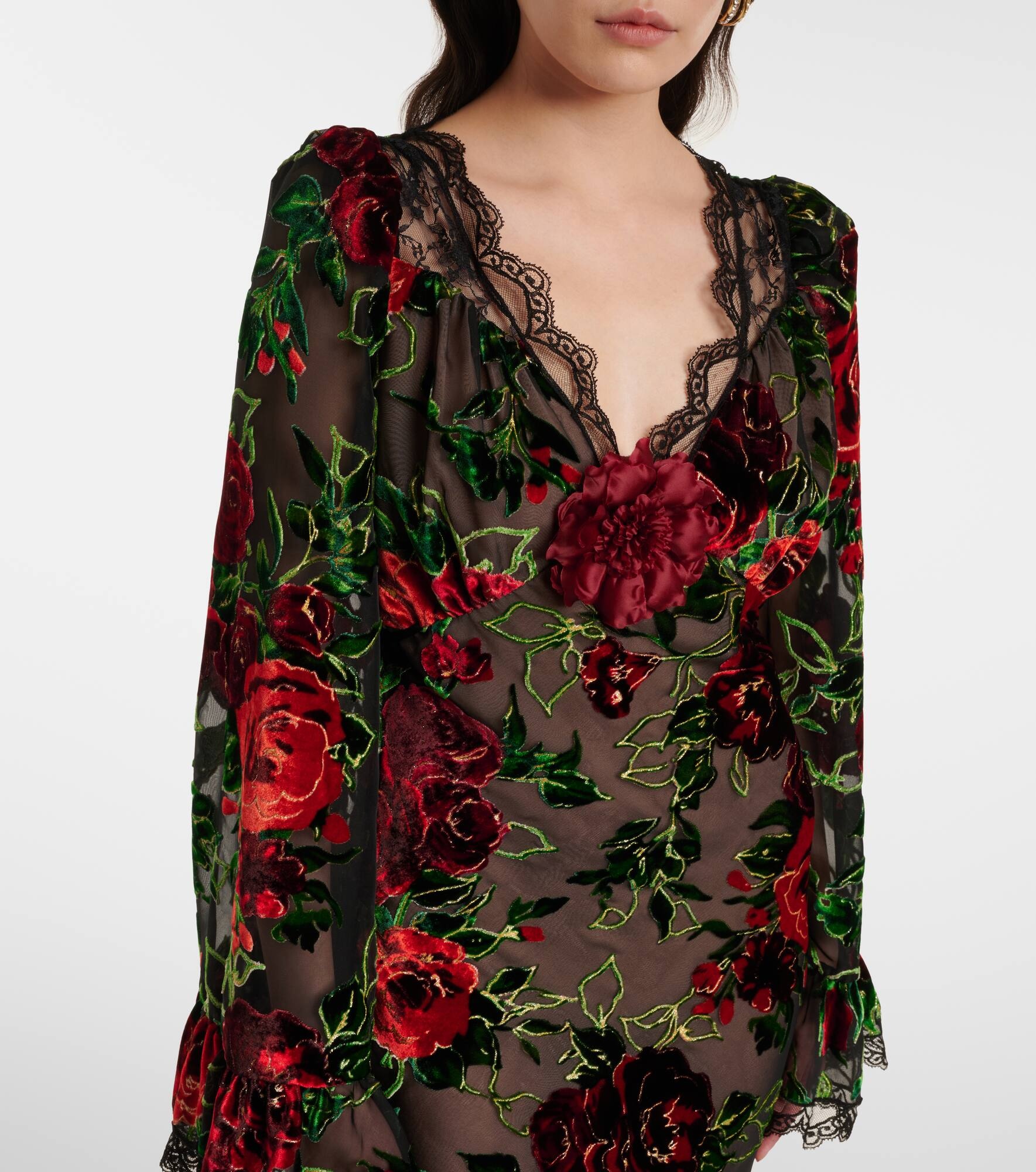 Floral lace-trimmed velvet devoré gown - 4