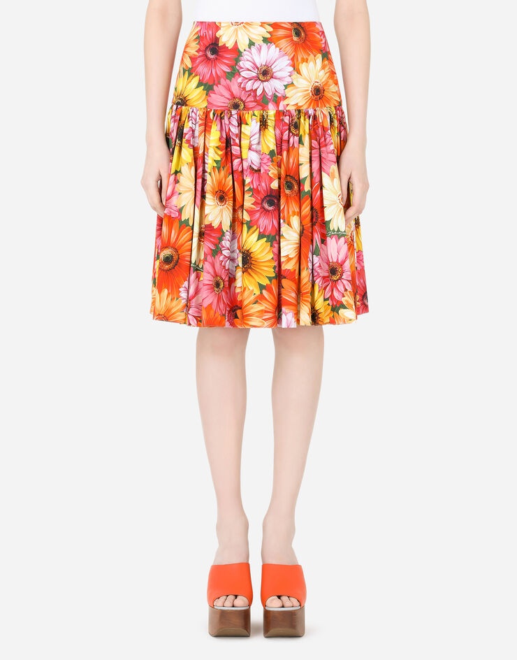 Poplin midi skirt with gerbera-daisy print with high waistband - 1