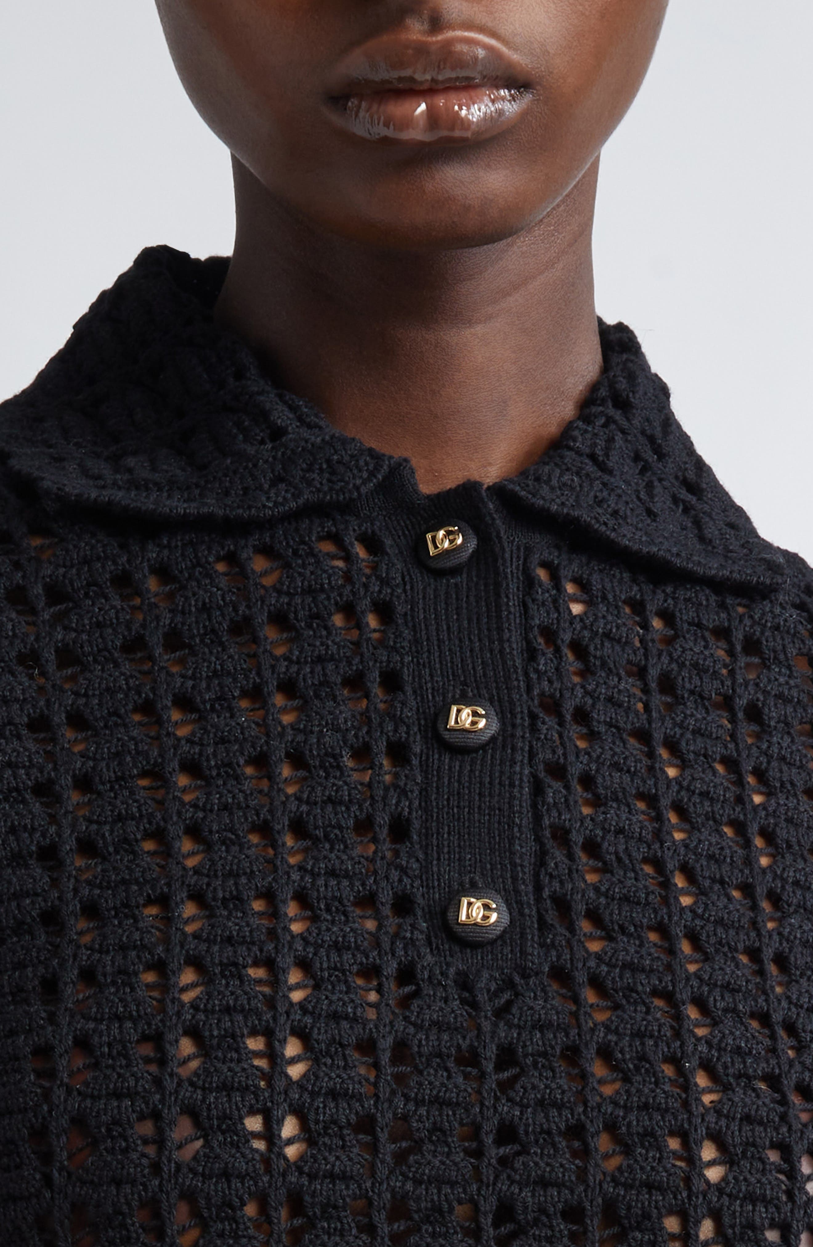 Dolce&Gabbana Lace Stitch Virgin Wool Polo Sweater in N0000 Nero at Nordstrom - 5