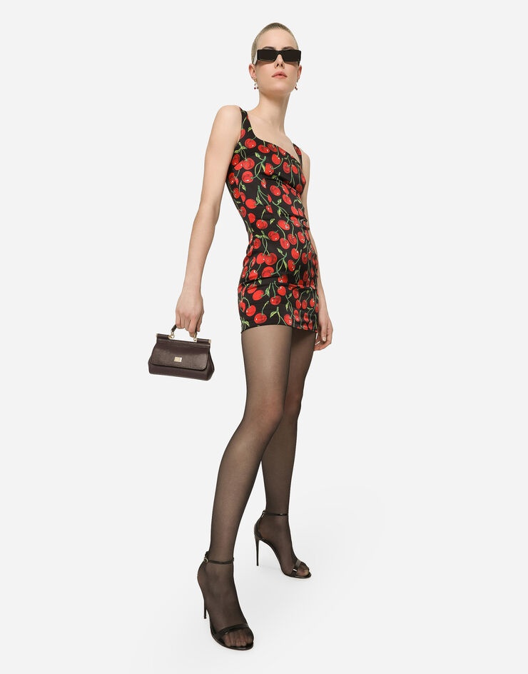 Short cherry-print satin dress - 5