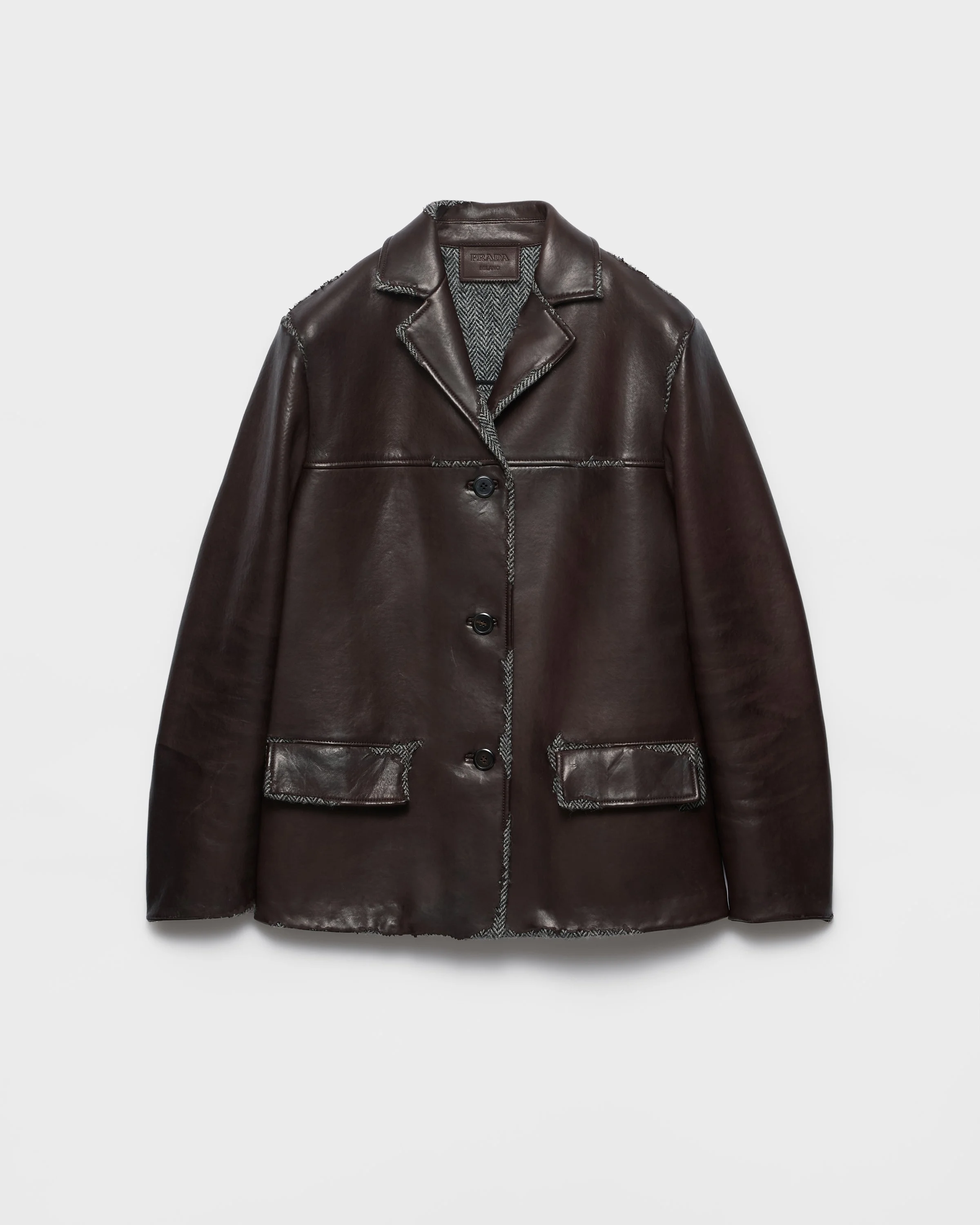 Bonded nappa leather and chevron Shetland wool jacket - 1