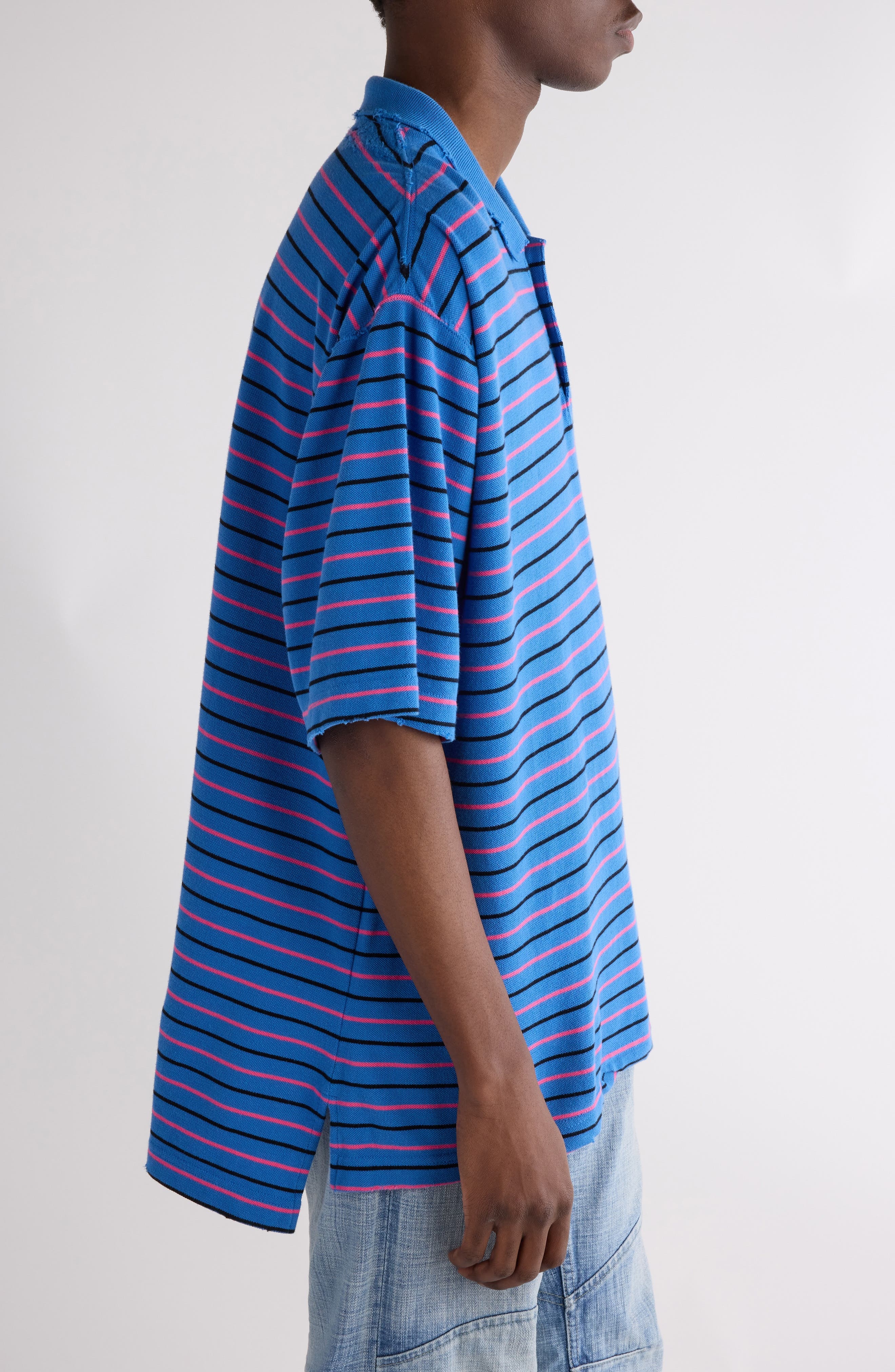Balenciaga Laurel Embroidered Oversize Cotton Piqué Polo in 4326 Blue/Pink at Nordstrom - 4