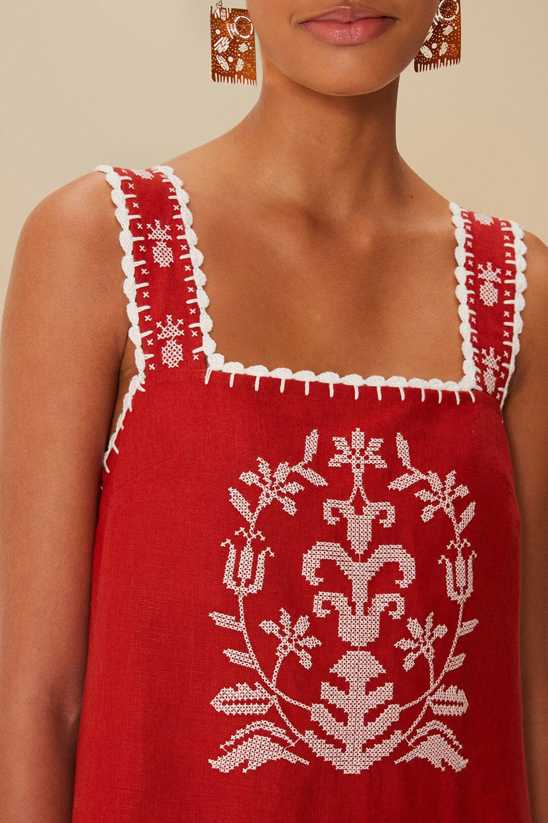 Red Tropical Cross Stitch Embroidered Euroflax™ Premium Linen Midi Dress - 3