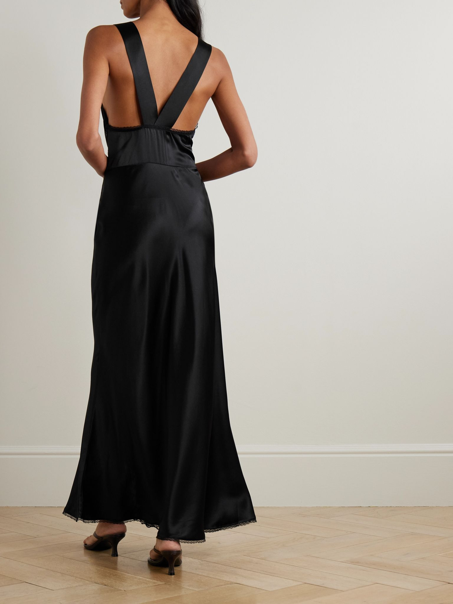 Aries cutout lace-trimmed silk-satin maxi dress Black - 3