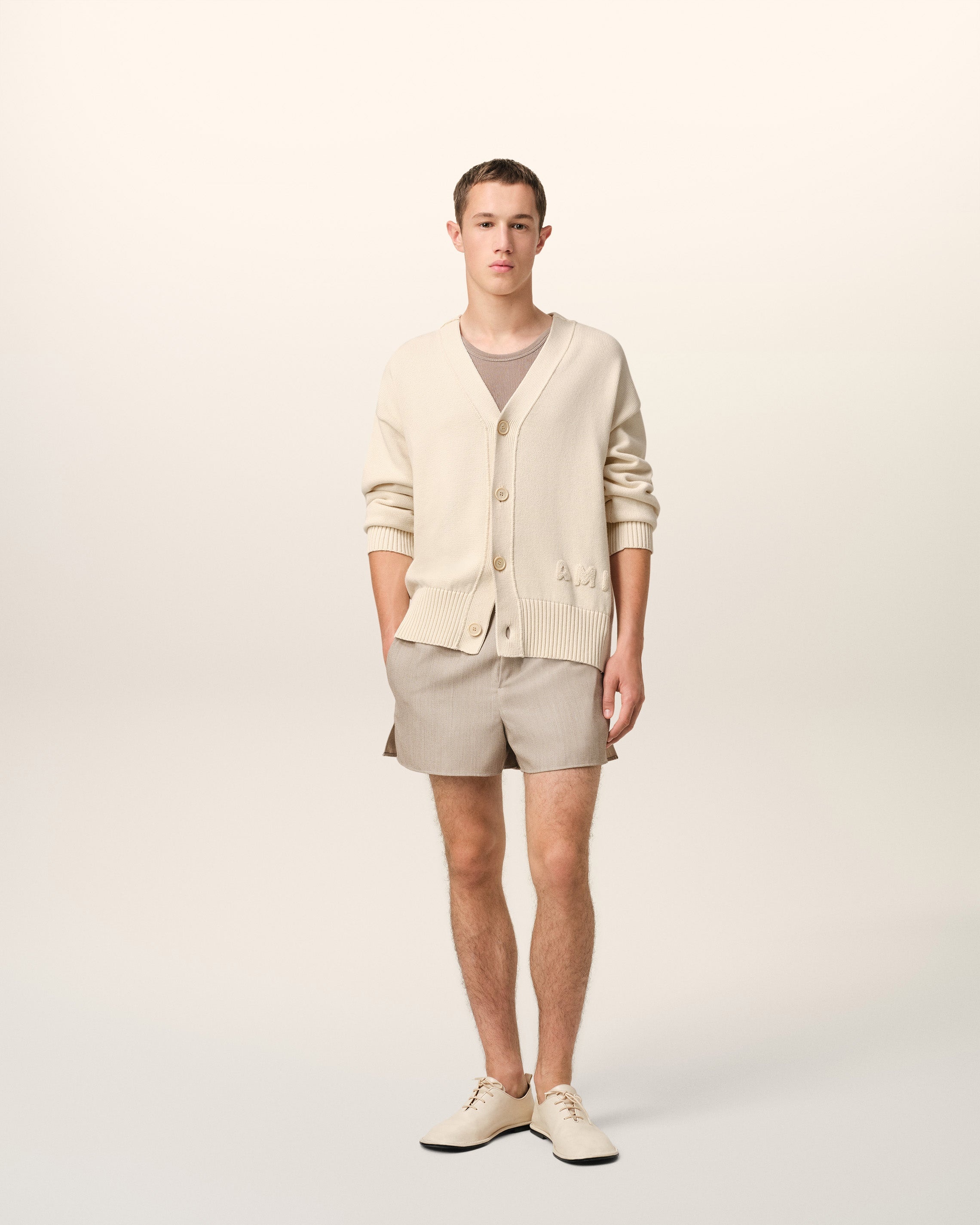 BEIGE COTTON WOOL AMI EMBROIDERED CARDIGAN - 2