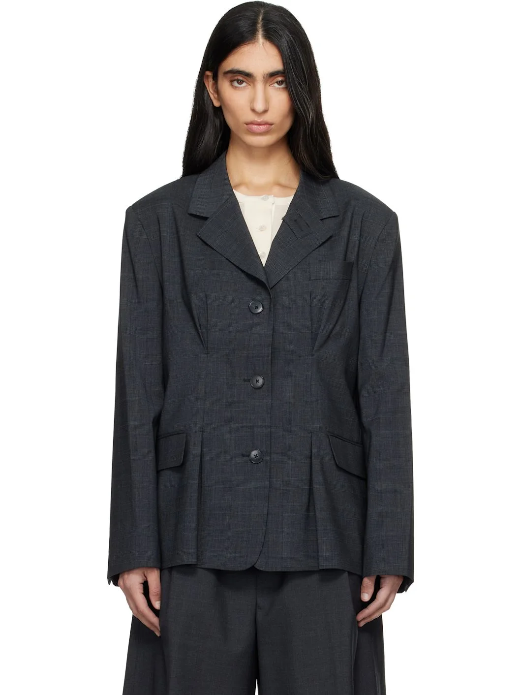 Gray Inverted Pleat Blazer - 1