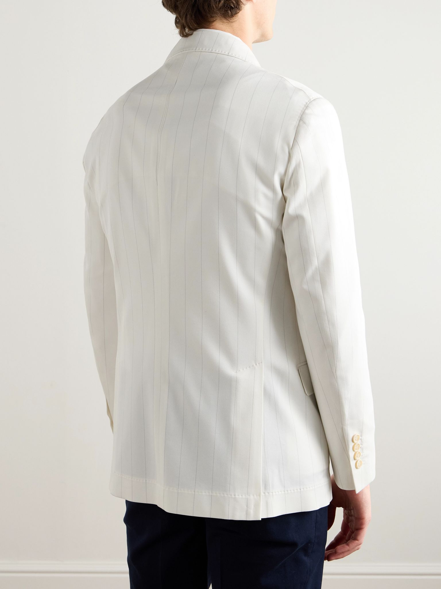 Double-Breasted Pinstriped Wool and Cotton-Blend Twill Blazer White - 3