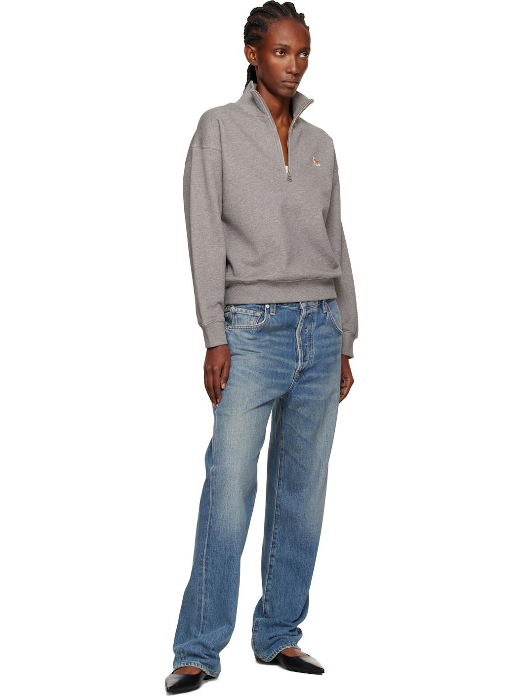 Gray Half Zip Baby Fox Patch Sweatshirt - 4
