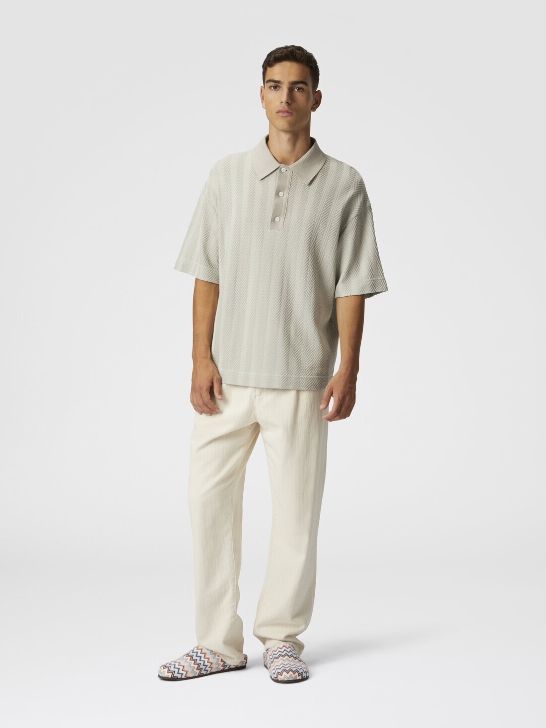 Cotton and viscose polo shirt with tone-on-tone zigzag - 2