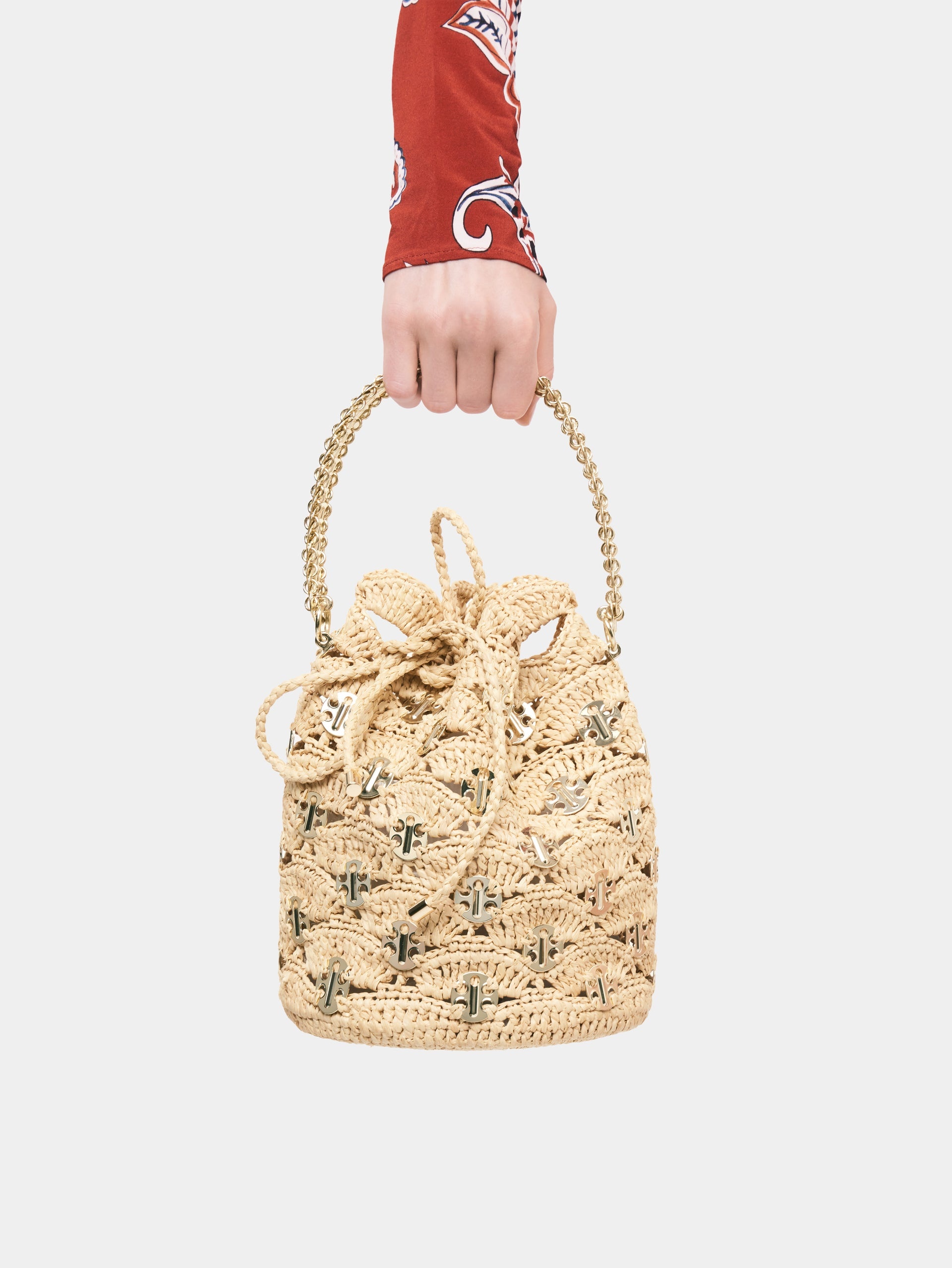NEW RAPHIA WAVE PACO BUCKET BAG WITH SIGNATURE 1969 DISCS - 2