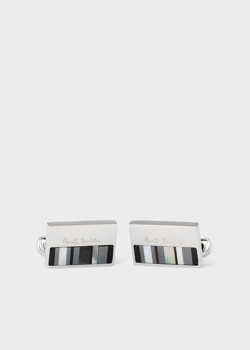 Silver Mother of Pearl Stripe Logo Cufflinks 1