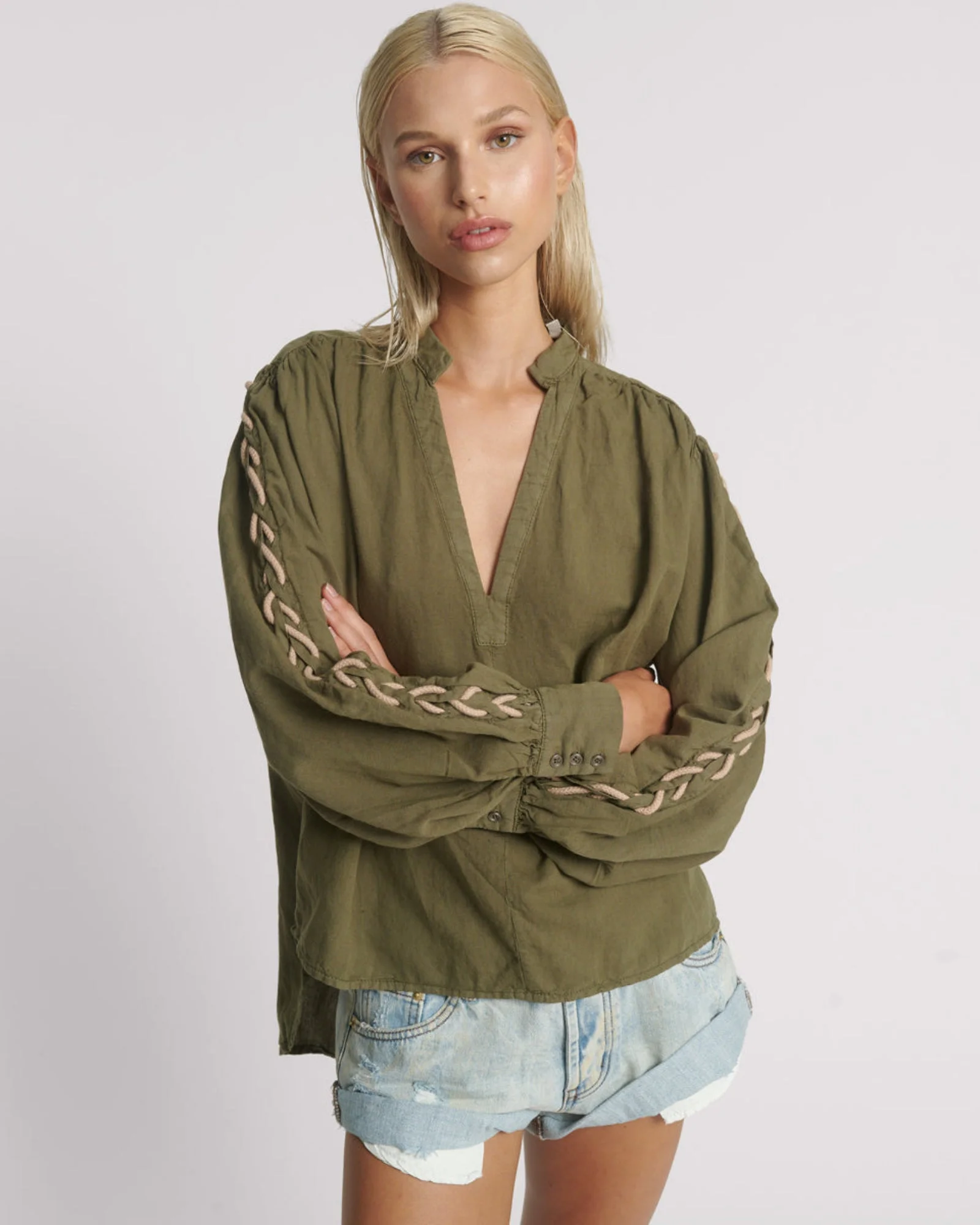 Johnny Linen Lace Up Shirt - Worn Khaki - 1