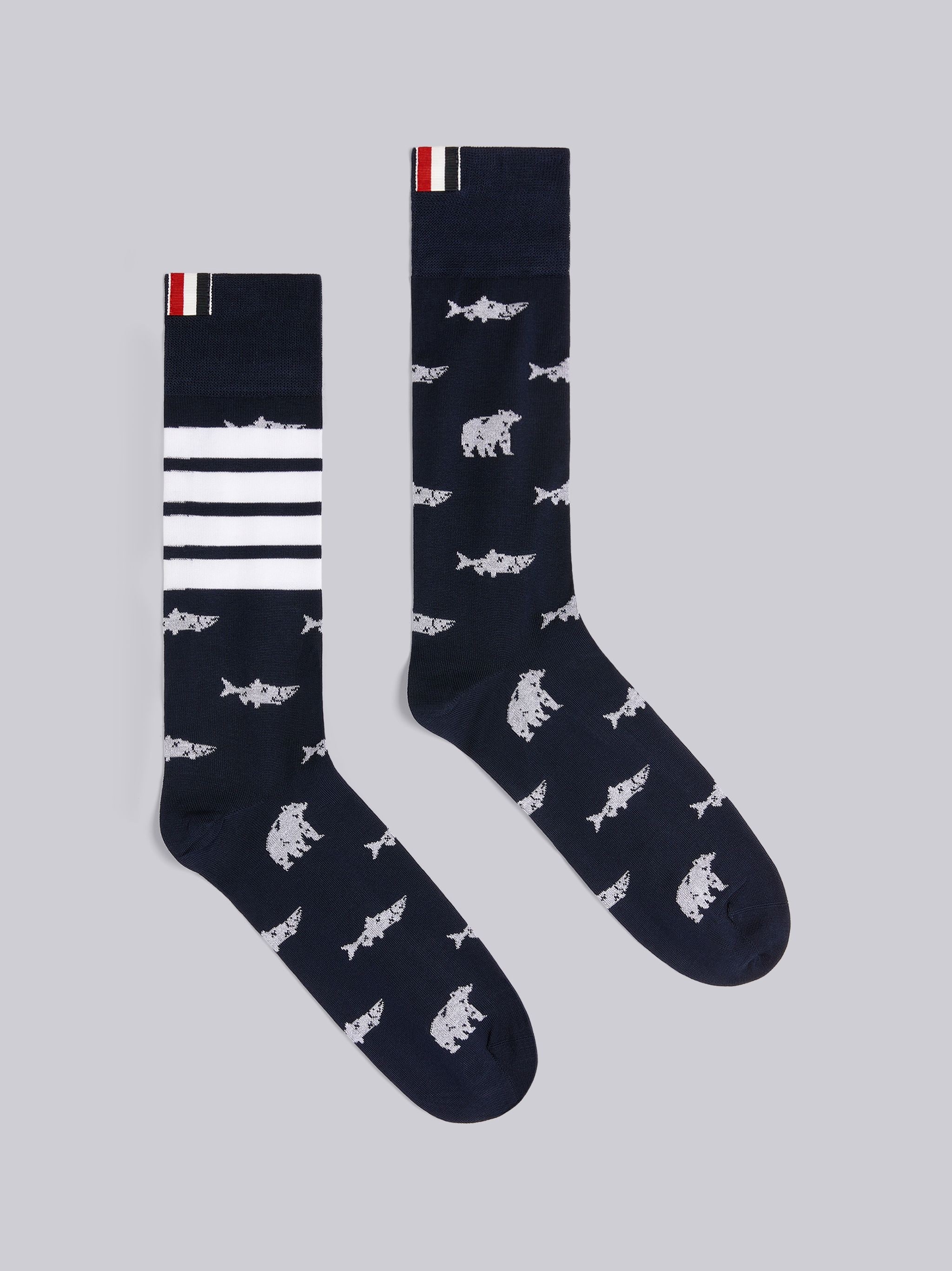 Navy Mercerized Cotton Bear and Salmon Half Drop Intarsia 4-Bar Stripe Mid-calf Socks - 1