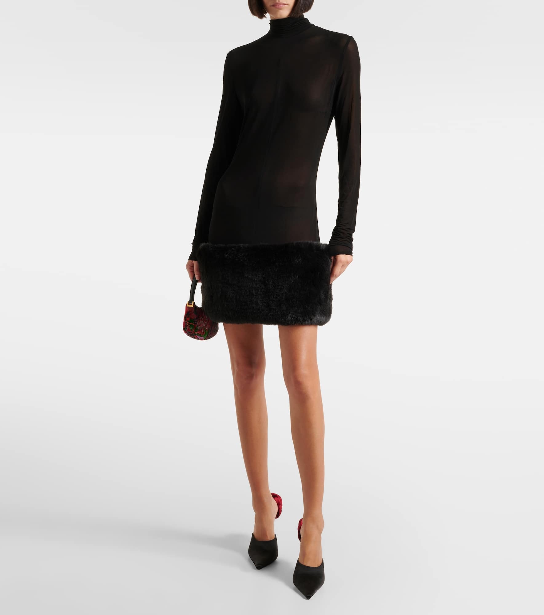 Sheer faux fur-trimmed minidress - 2