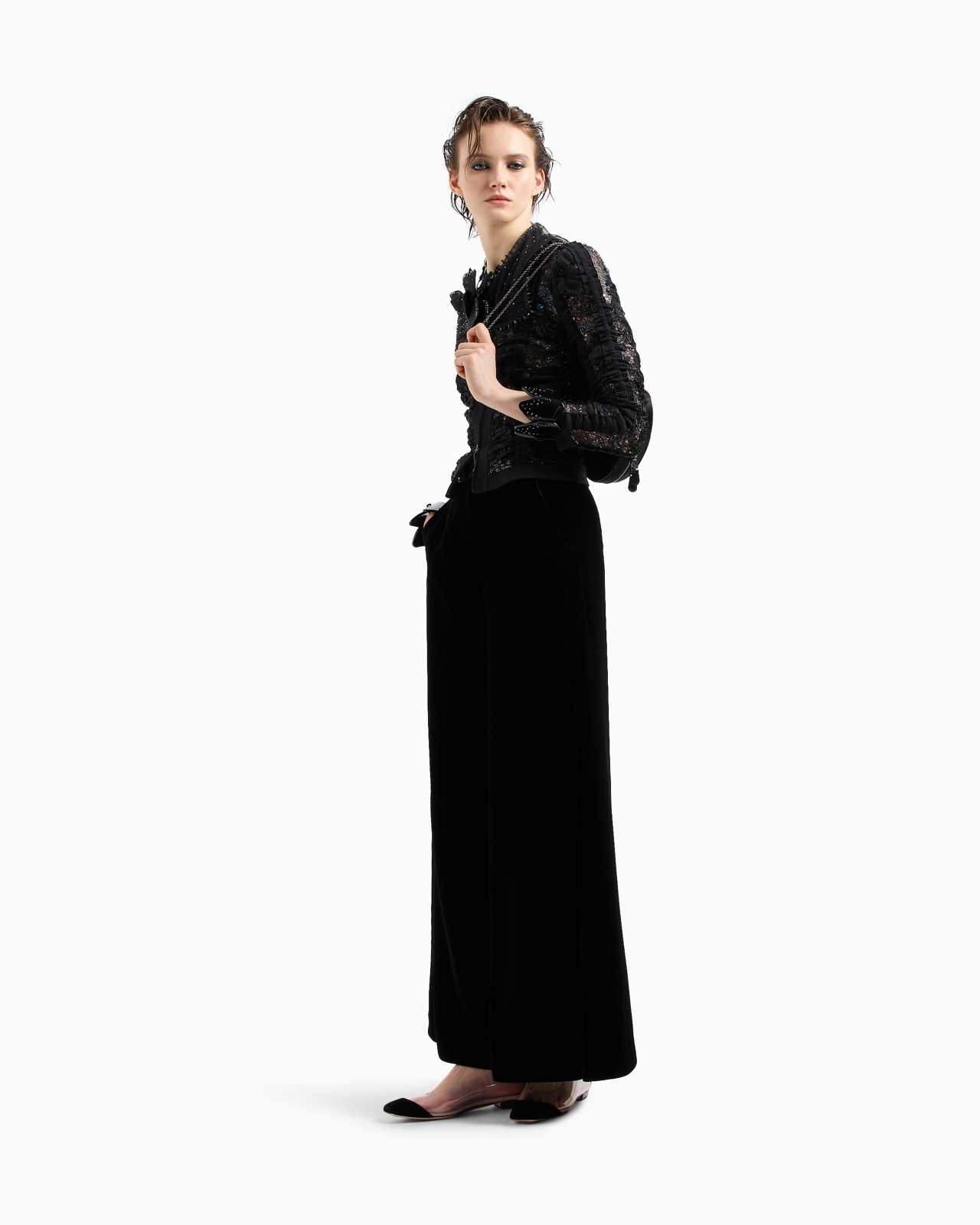 SHORT JACKET IN BLACK EMBROIDERED LACE WITH ZIP - 2