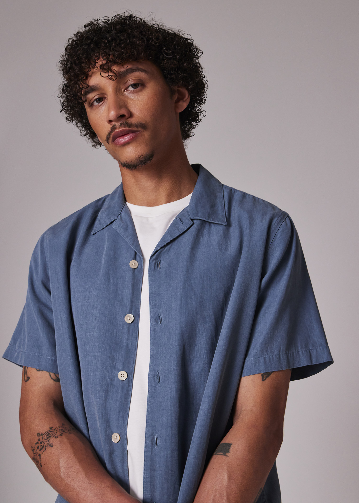 Blue Lyocell-Cotton Short-Sleeve Shirt - 5