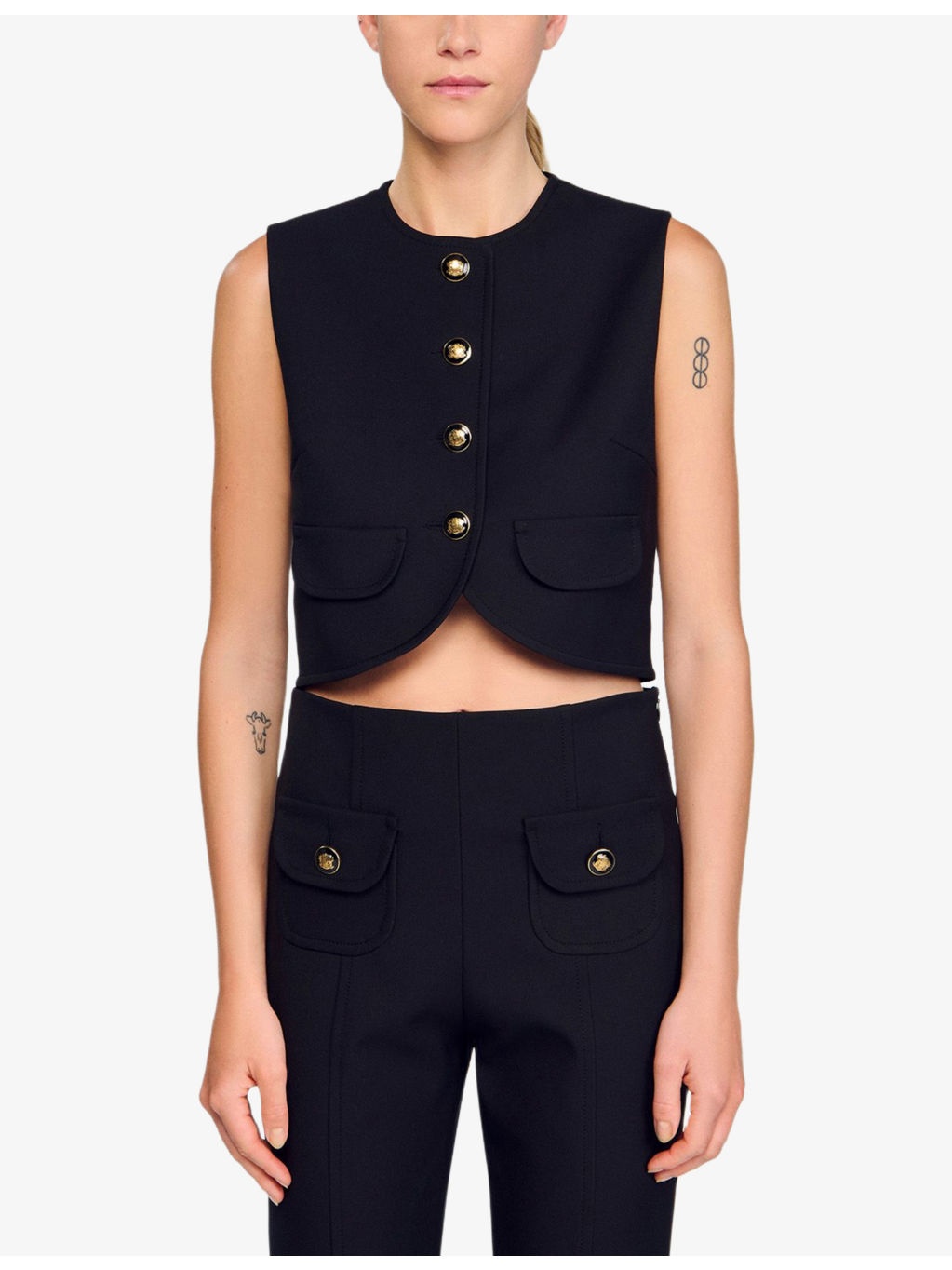 Round-Neck Button-Down Sleeveless Stretch-Woven Crop Top - 3