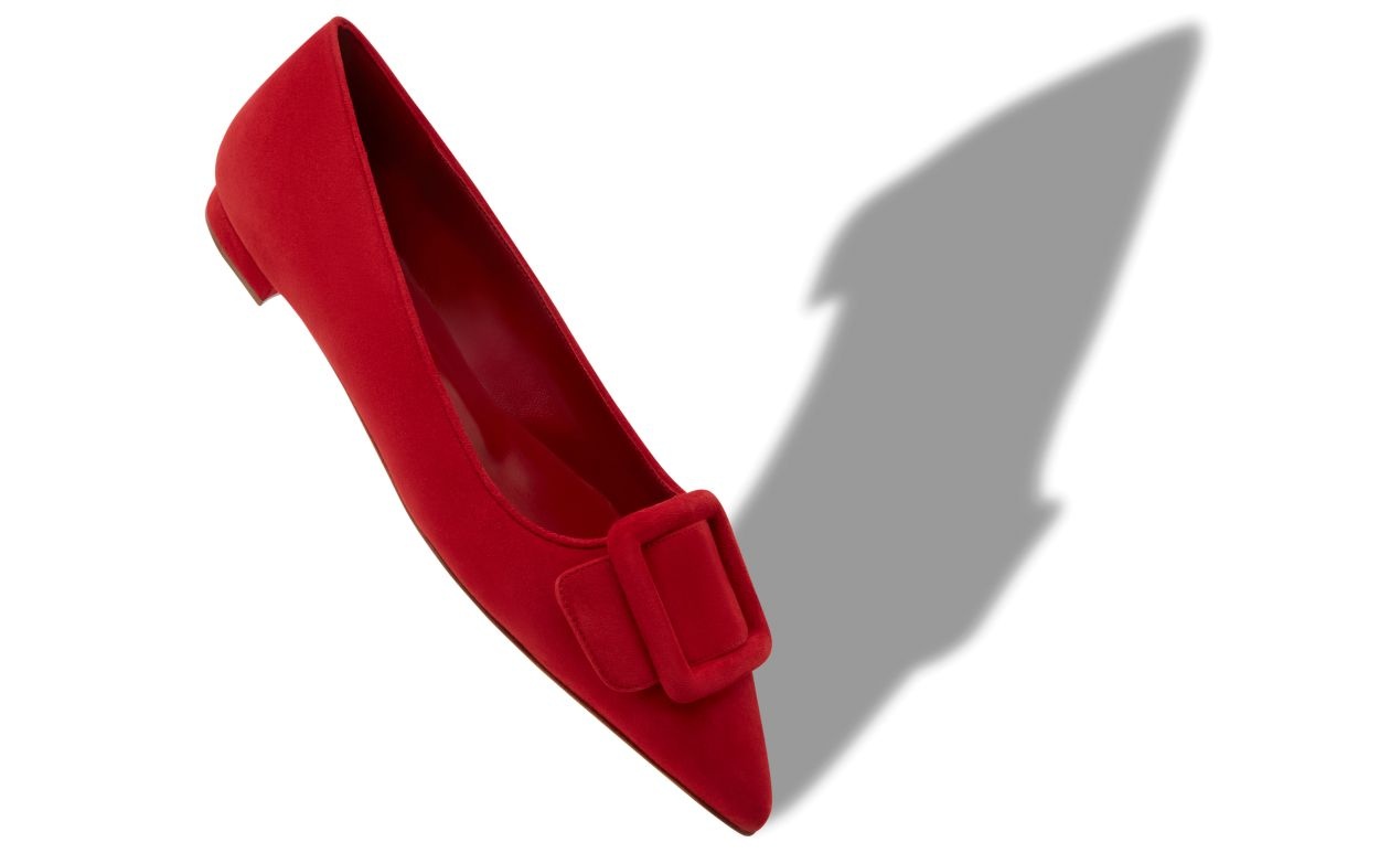 Red Suede Buckle Detail Flat Pumps - 2