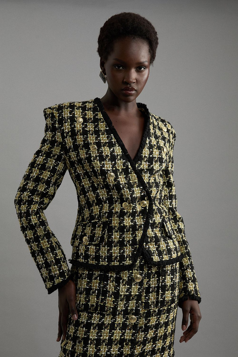 Wool Blend Check Tailored Asymmetric Jacket 1