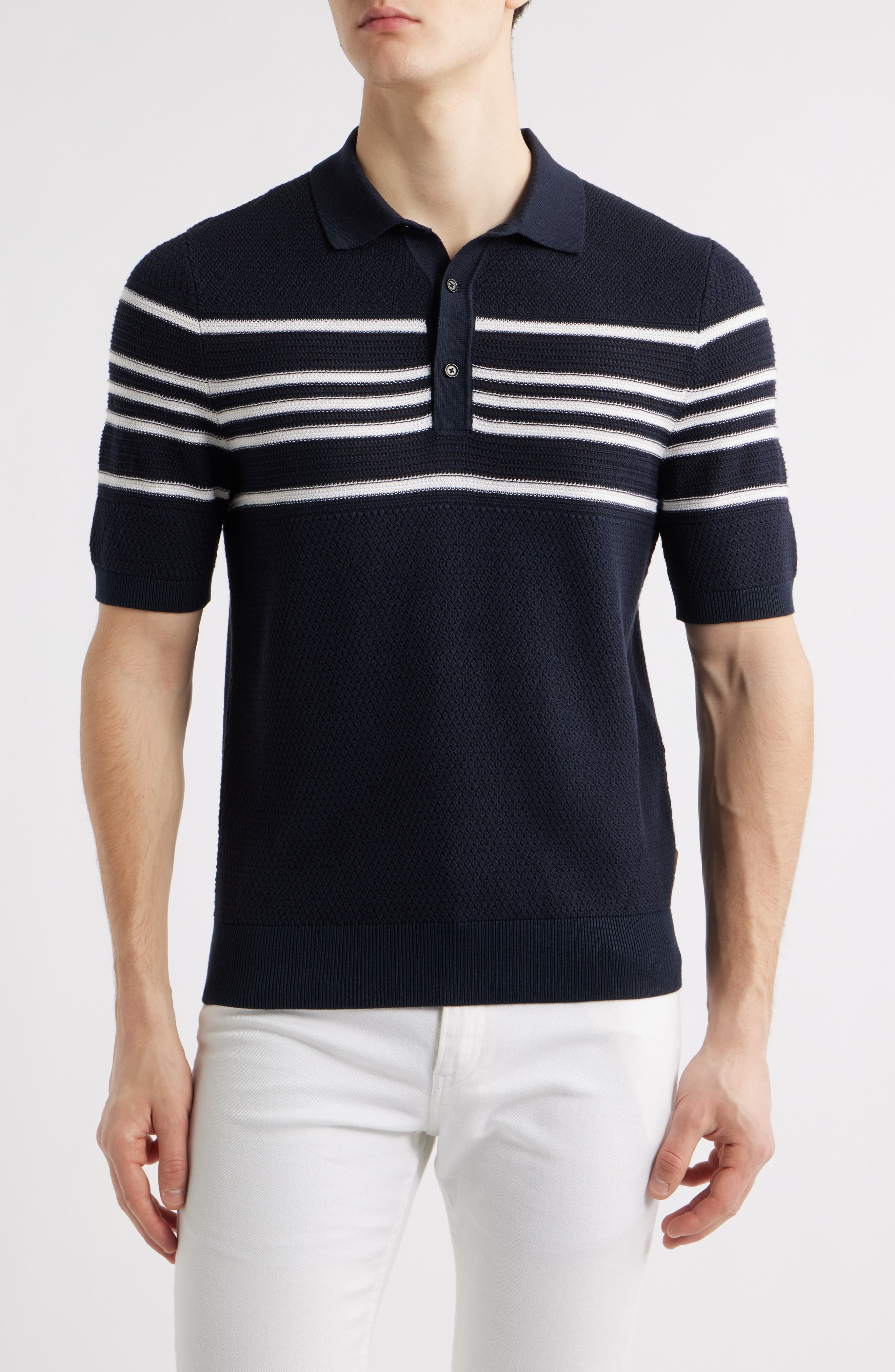BOSS Jiuseppe Silk & Cotton Polo in Dark Blue at Nordstrom - 1